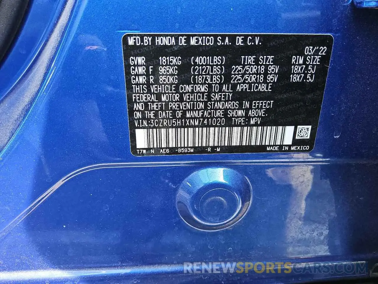 13 fotografías del automóvil dañado 3CZRU5H1XNM741020 HONDA HR-V 2022
