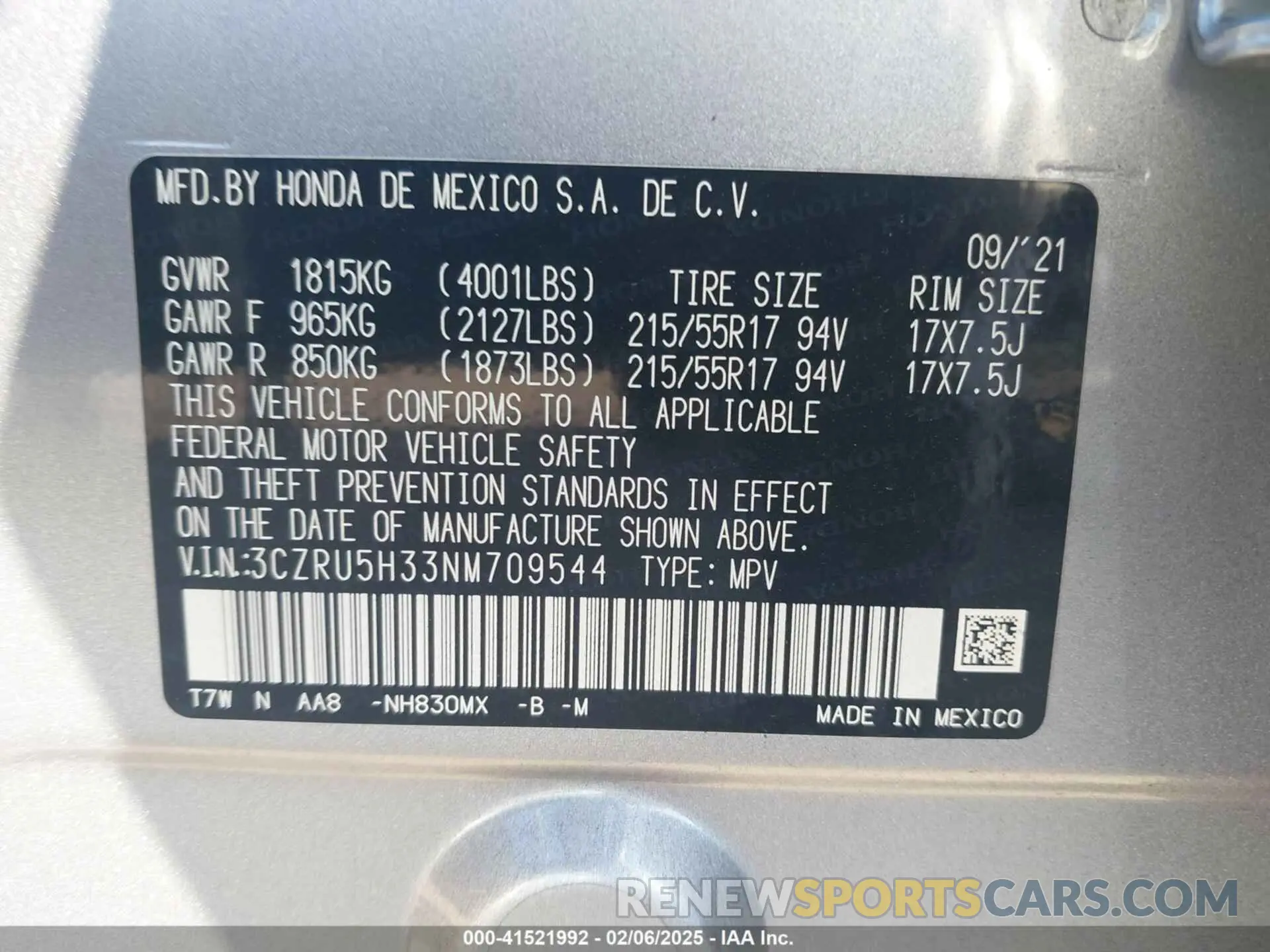 9 fotografías del automóvil dañado 3CZRU5H33NM709544 HONDA HR-V 2022