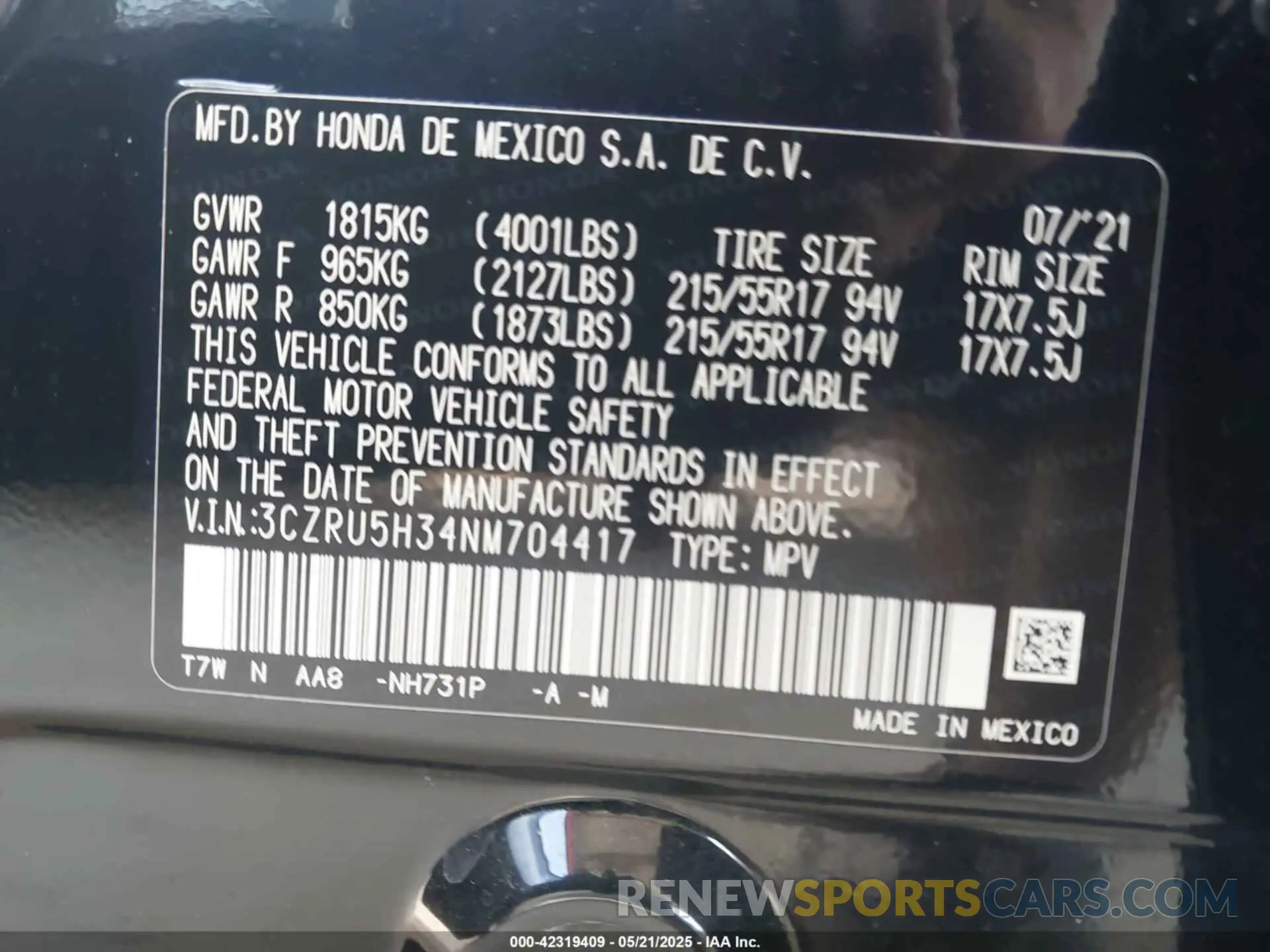 9 fotografías del automóvil dañado 3CZRU5H34NM704417 HONDA HR-V 2022