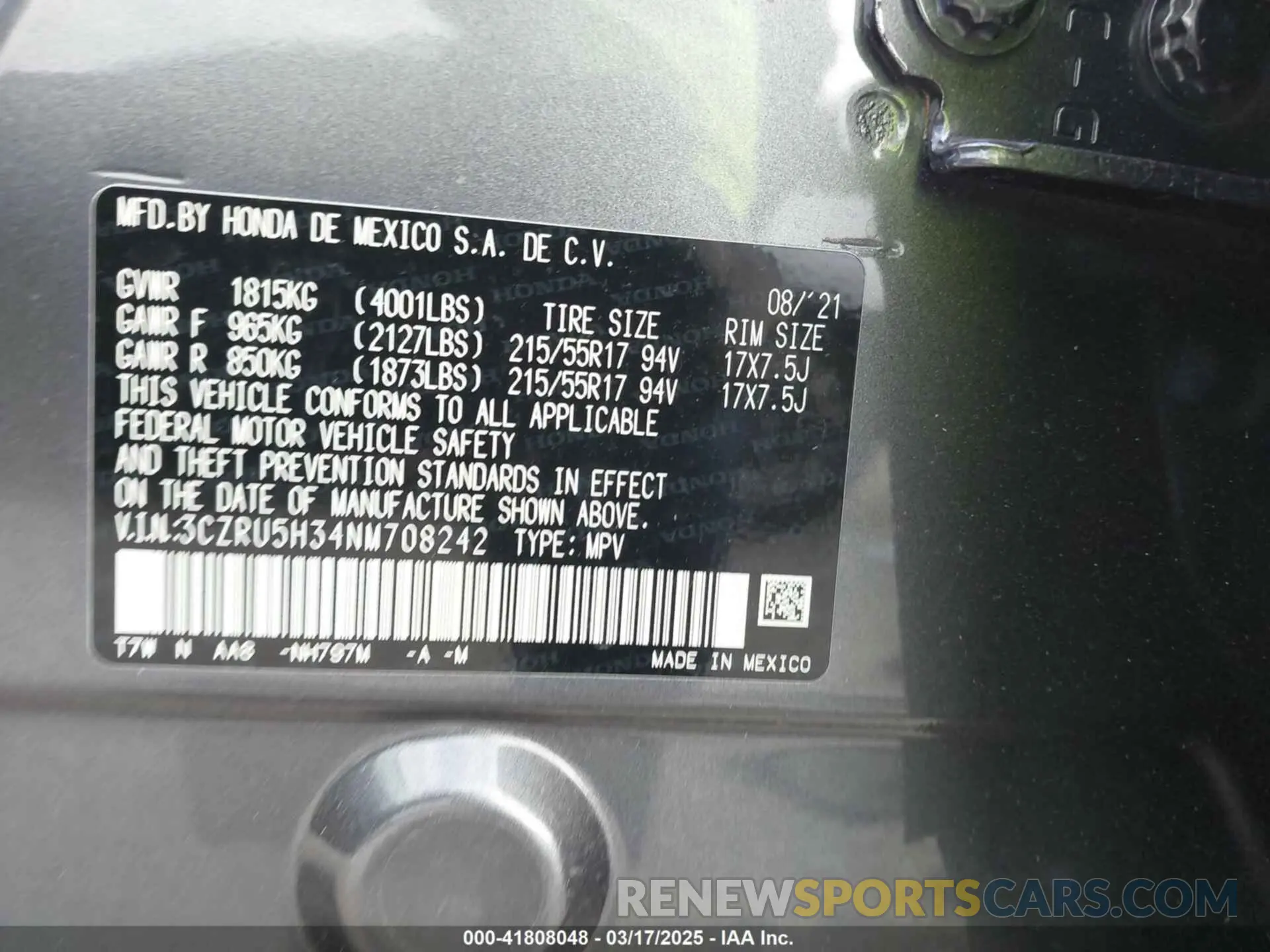 9 fotografías del automóvil dañado 3CZRU5H34NM708242 HONDA HR-V 2022