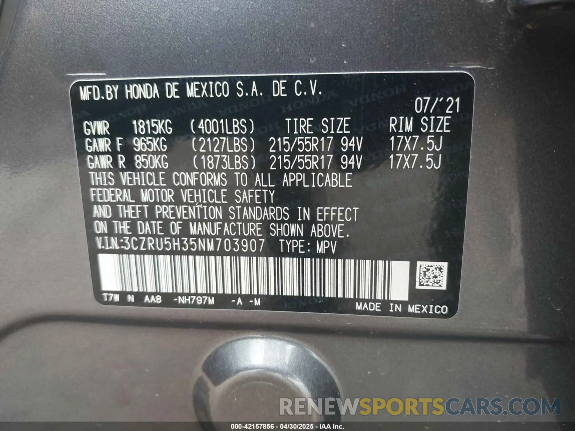 9 fotografías del automóvil dañado 3CZRU5H35NM703907 HONDA HR-V 2022