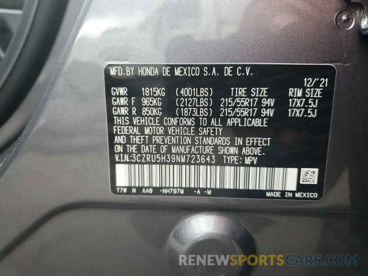 15 fotografías del automóvil dañado 3CZRU5H39NM723643 HONDA HR-V 2022