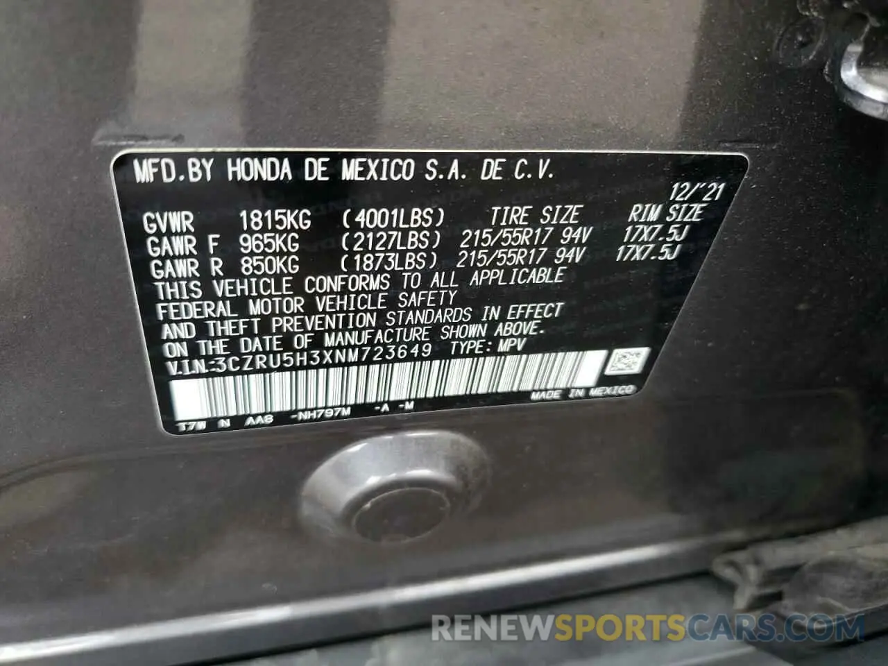 14 fotografías del automóvil dañado 3CZRU5H3XNM723649 HONDA HR-V 2022