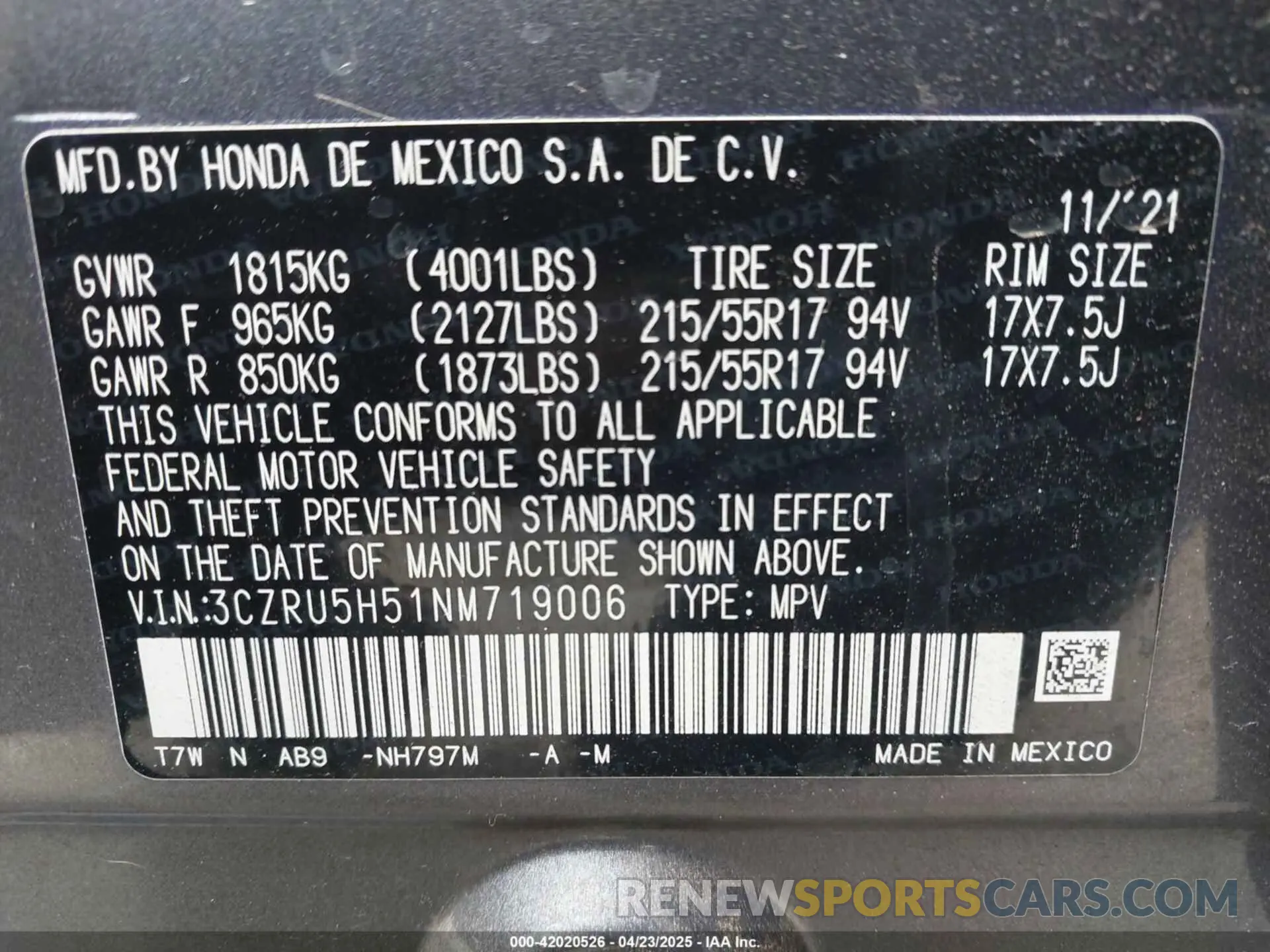 9 fotografías del automóvil dañado 3CZRU5H51NM719006 HONDA HR-V 2022