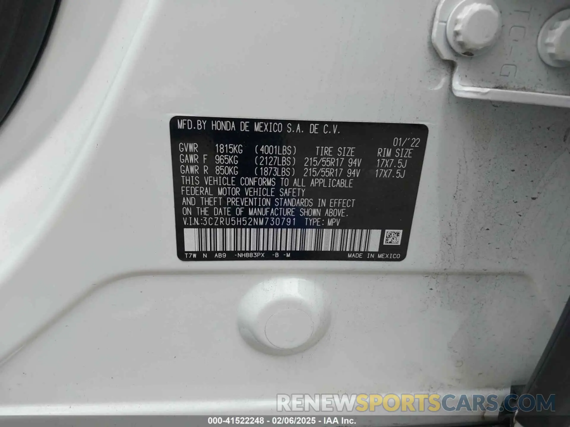 9 fotografías del automóvil dañado 3CZRU5H52NM730791 HONDA HR-V 2022