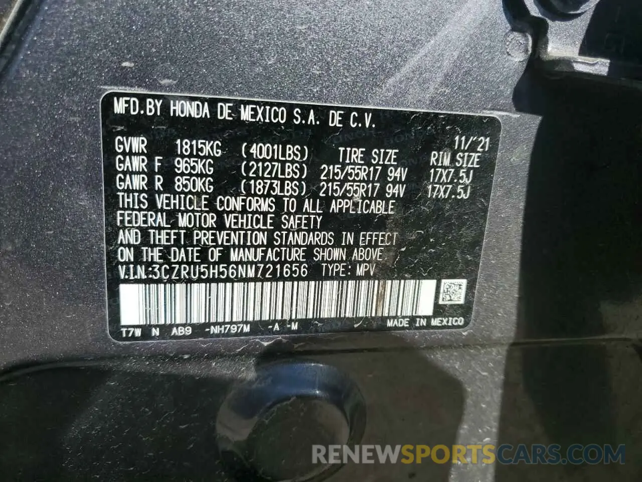 15 fotografías del automóvil dañado 3CZRU5H56NM721656 HONDA HR-V 2022