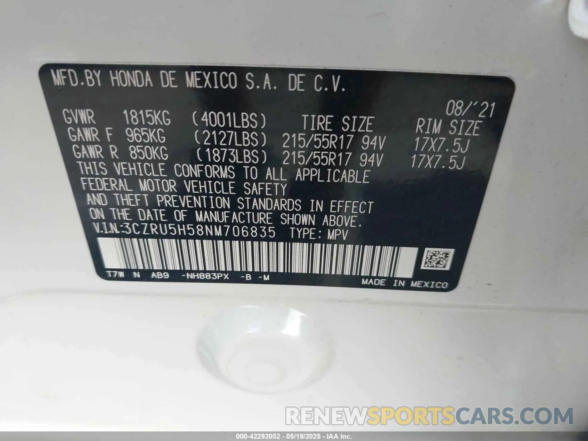 9 fotografías del automóvil dañado 3CZRU5H58NM706835 HONDA HR-V 2022