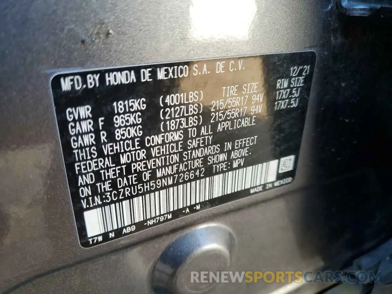 15 fotografías del automóvil dañado 3CZRU5H59NM726642 HONDA HR-V 2022