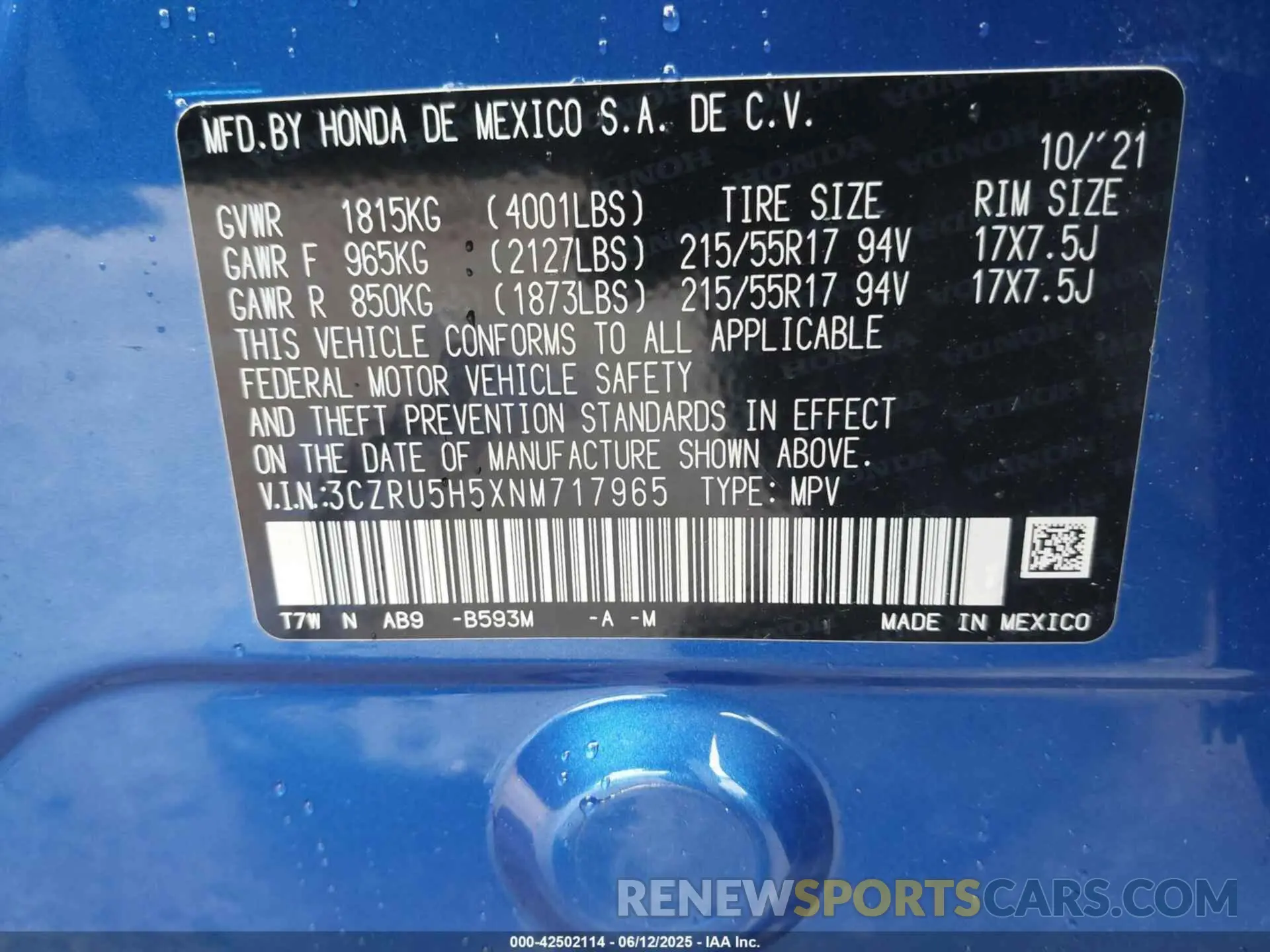 9 fotografías del automóvil dañado 3CZRU5H5XNM717965 HONDA HR-V 2022