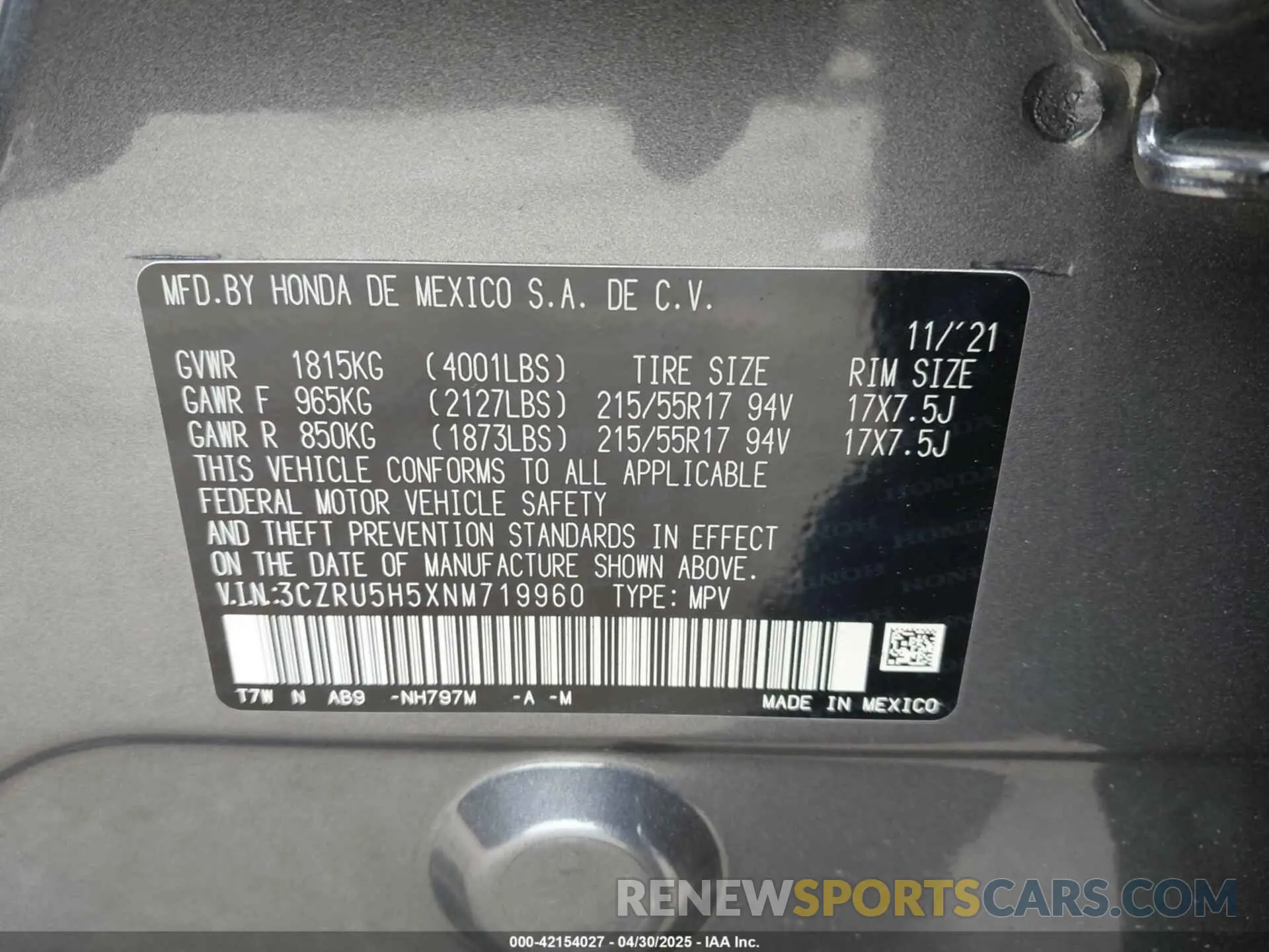 9 fotografías del automóvil dañado 3CZRU5H5XNM719960 HONDA HR-V 2022