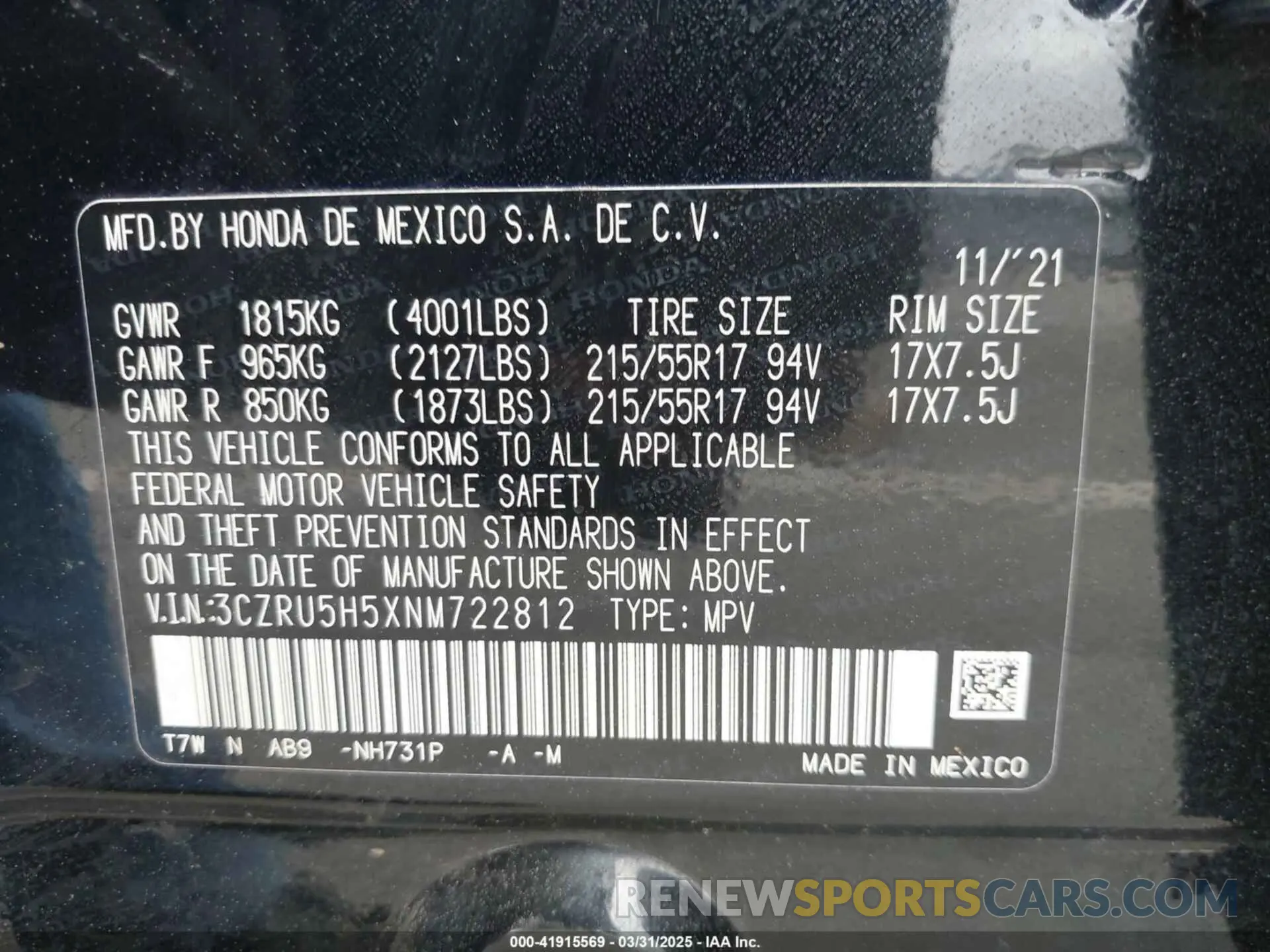 9 fotografías del automóvil dañado 3CZRU5H5XNM722812 HONDA HR-V 2022