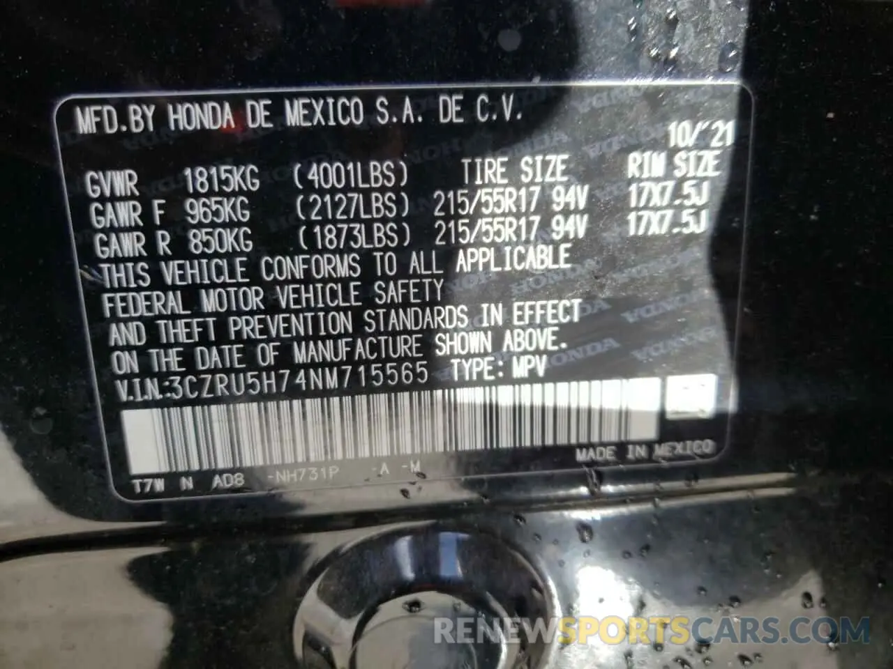 13 fotografías del automóvil dañado 3CZRU5H74NM715565 HONDA HR-V 2022