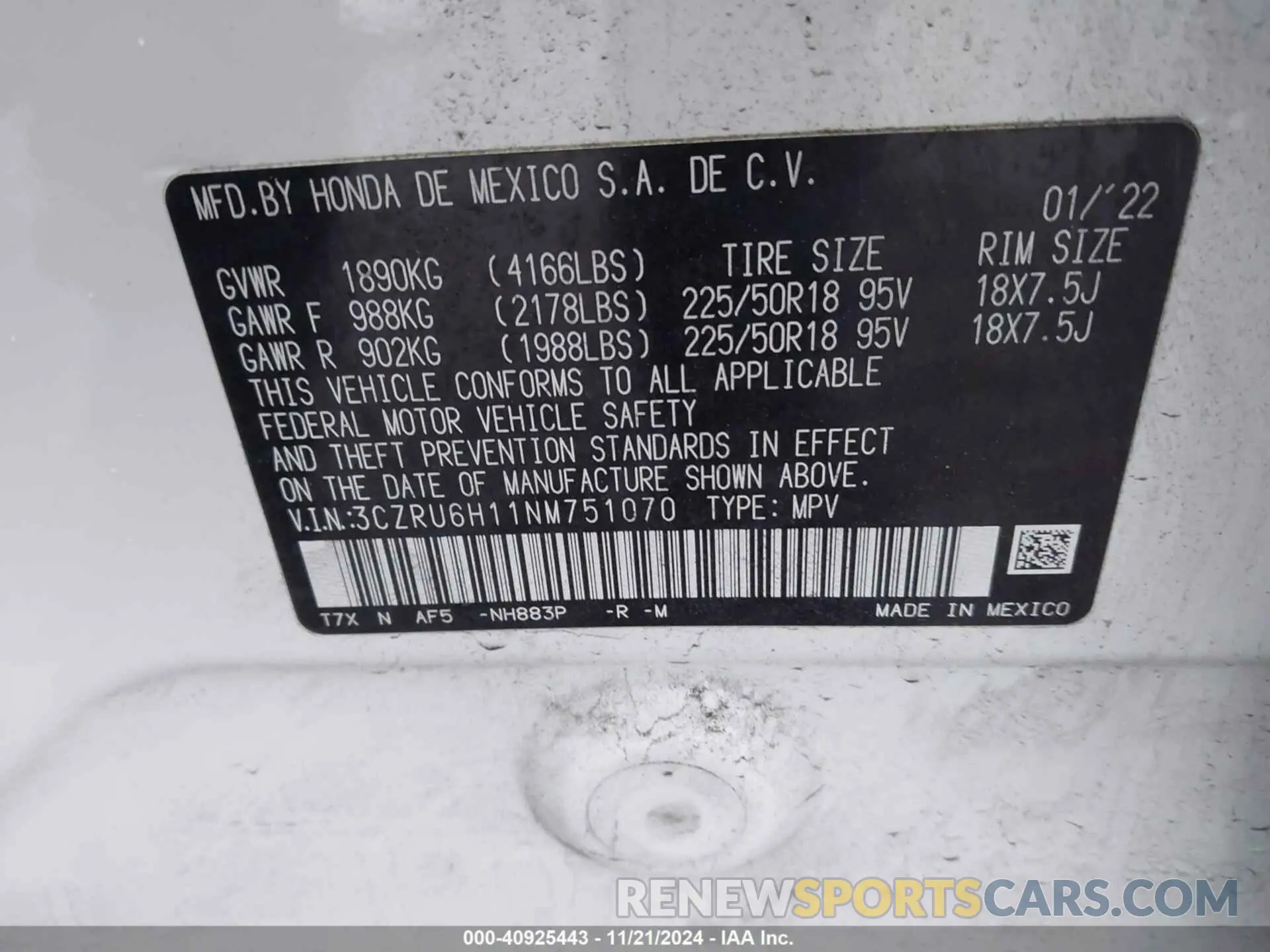 9 fotografías del automóvil dañado 3CZRU6H11NM751070 HONDA HR-V 2022