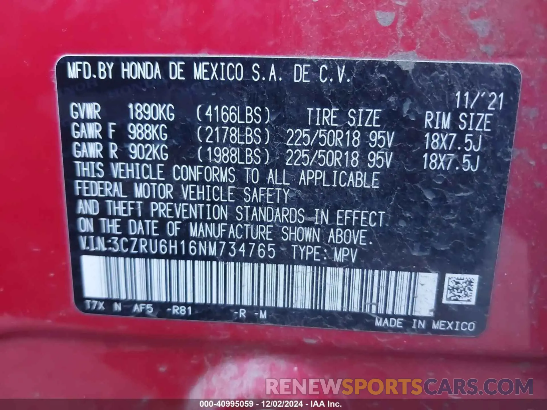 9 fotografías del automóvil dañado 3CZRU6H16NM734765 HONDA HR-V 2022