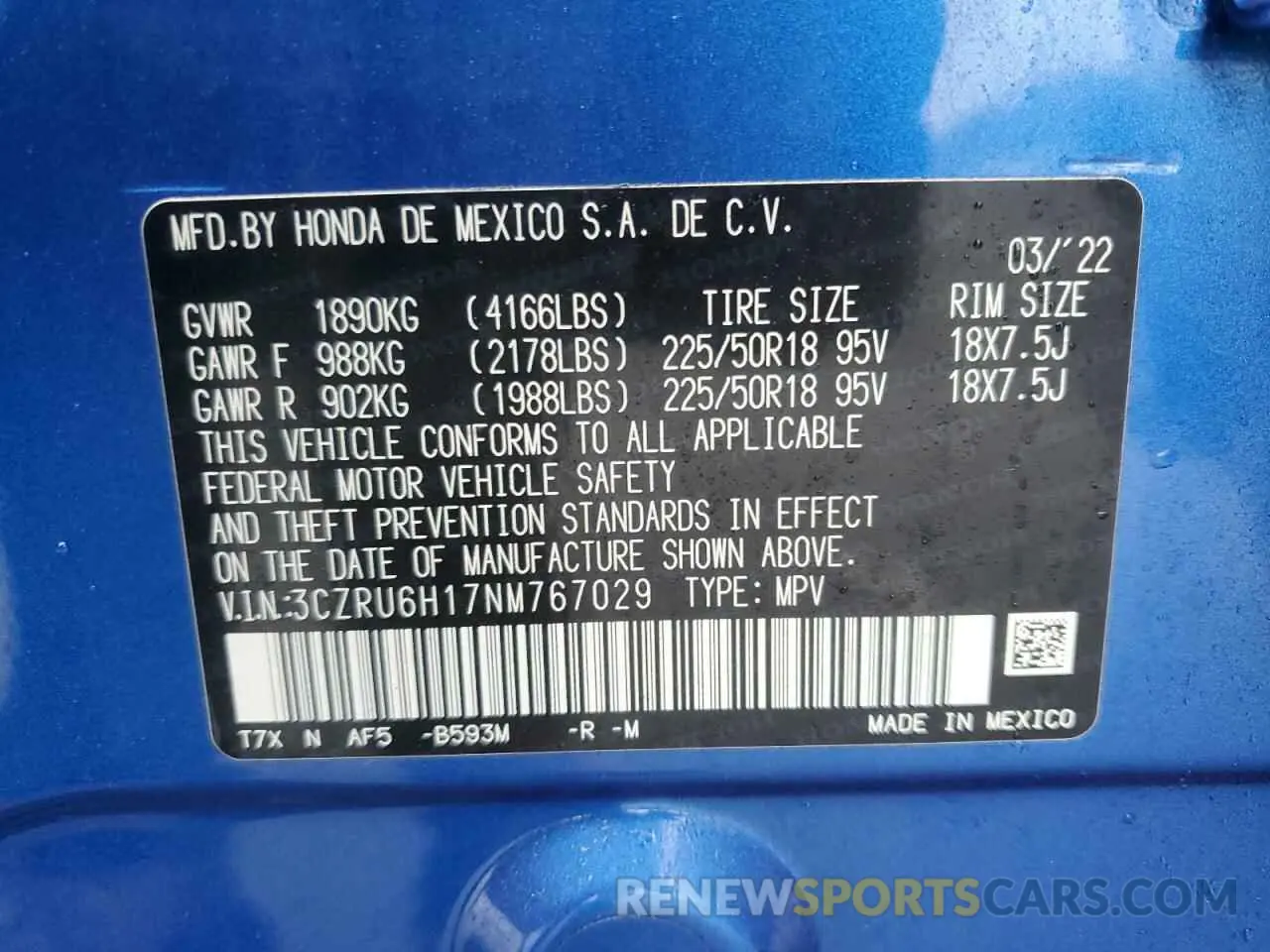 13 fotografías del automóvil dañado 3CZRU6H17NM767029 HONDA HR-V 2022