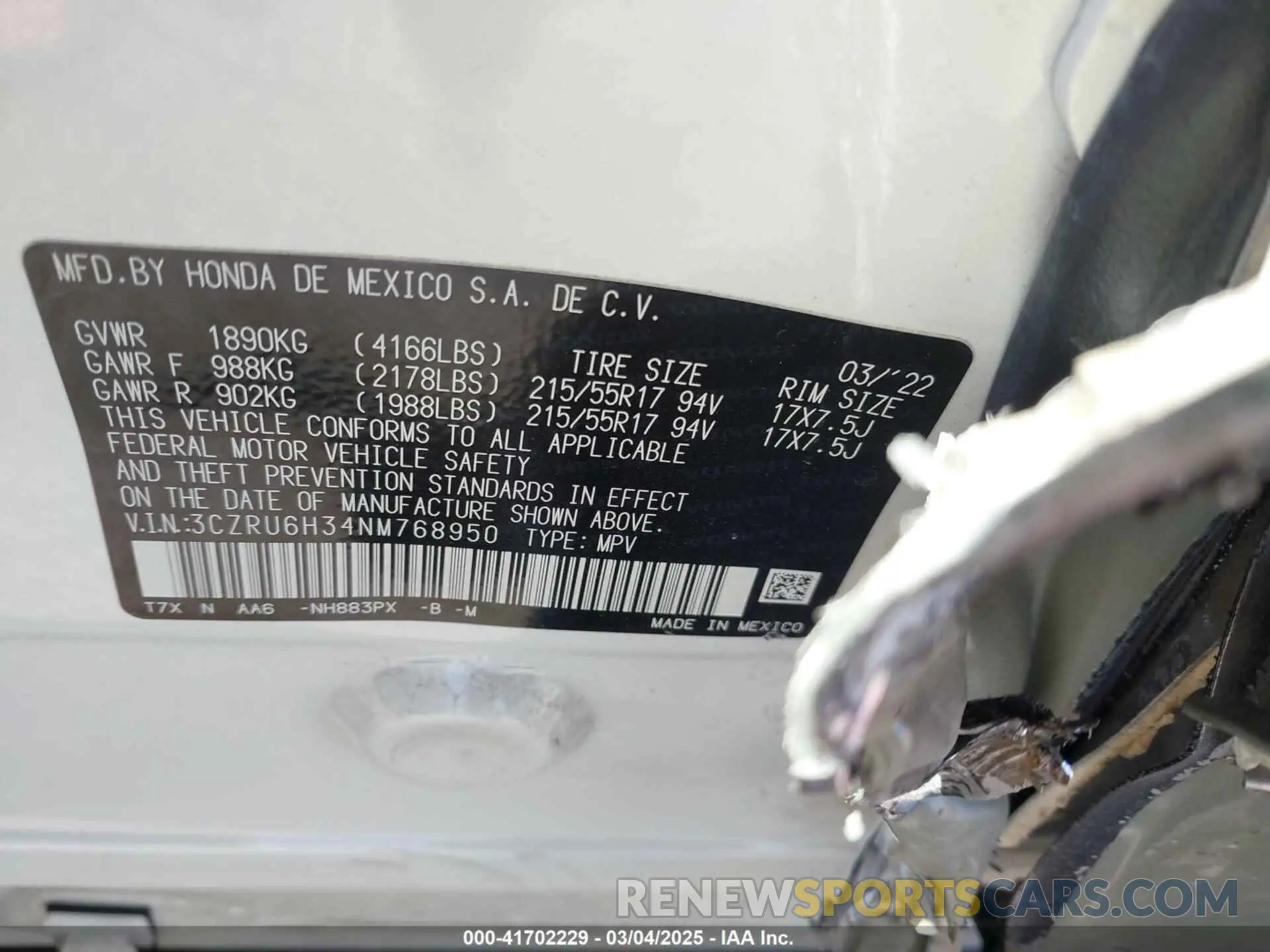 9 fotografías del automóvil dañado 3CZRU6H34NM768950 HONDA HR-V 2022