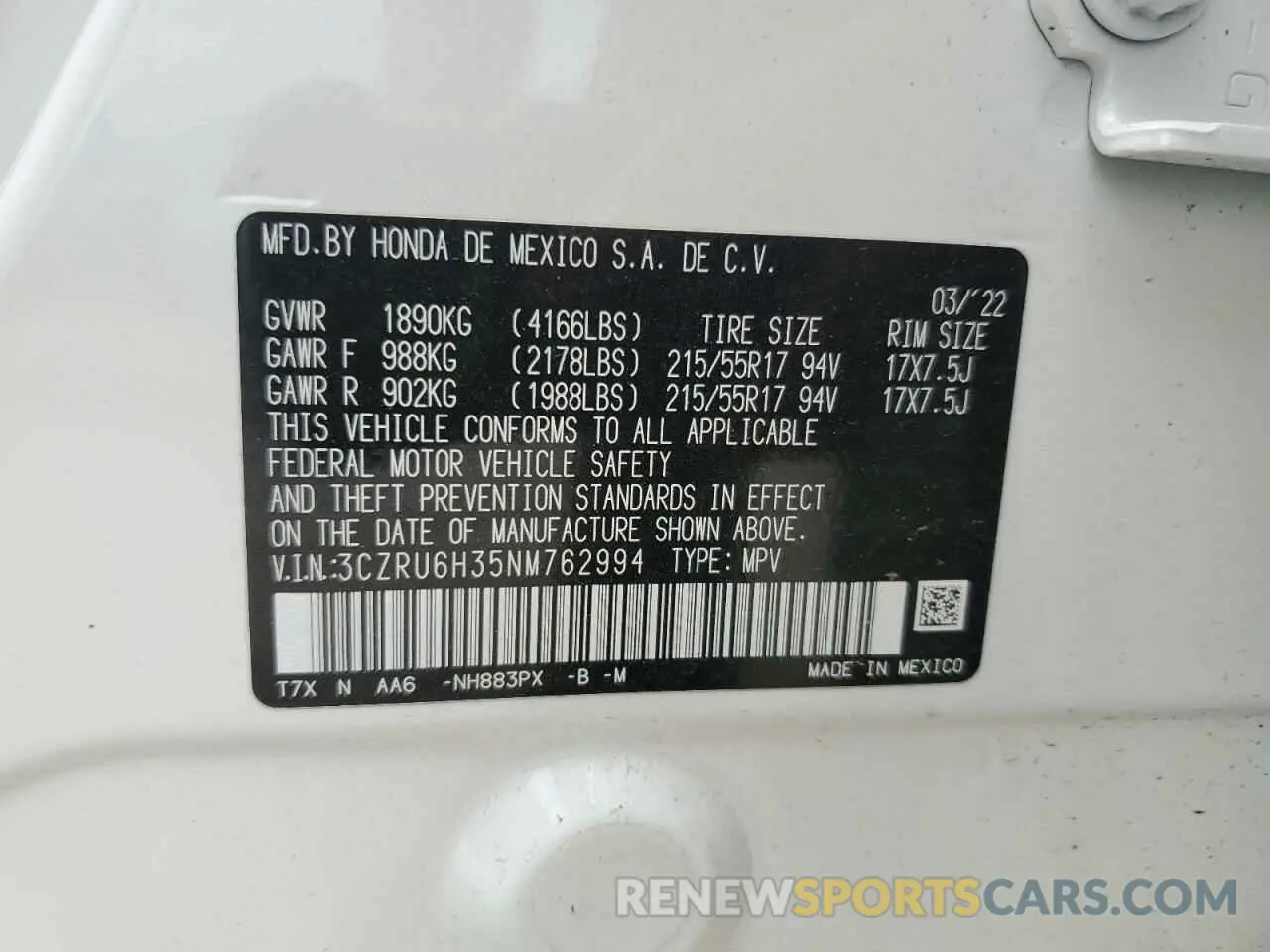 14 fotografías del automóvil dañado 3CZRU6H35NM762994 HONDA HR-V 2022