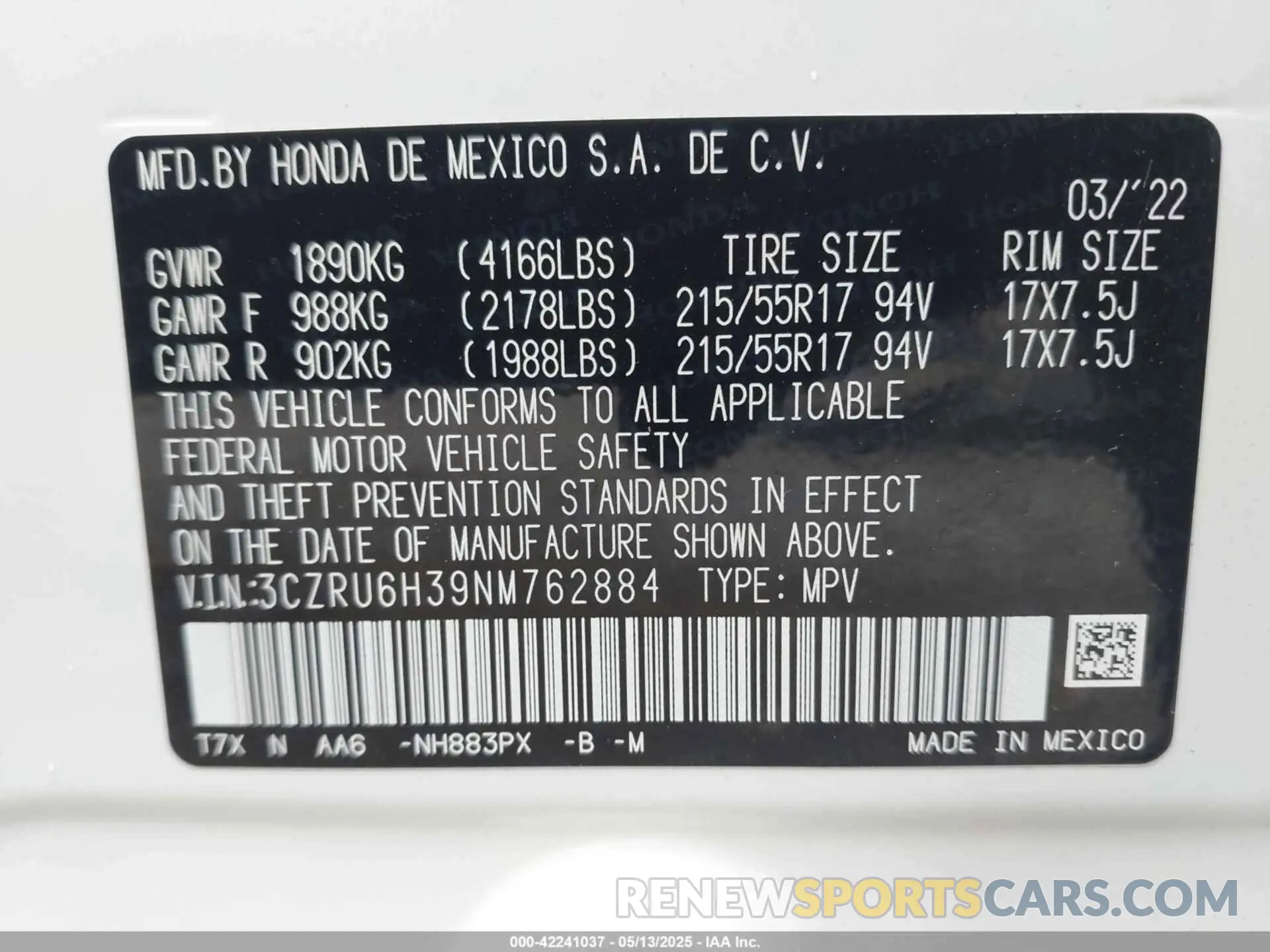 9 fotografías del automóvil dañado 3CZRU6H39NM762884 HONDA HR-V 2022