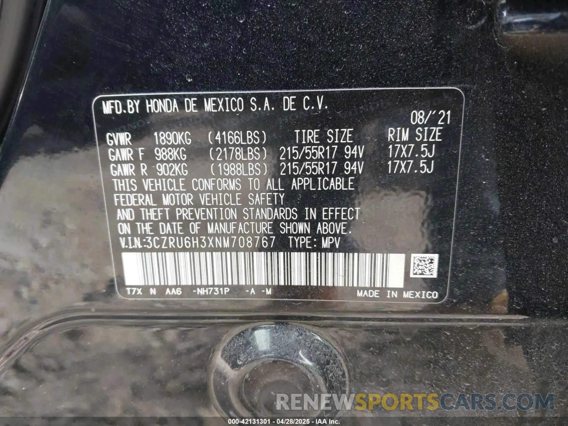 9 fotografías del automóvil dañado 3CZRU6H3XNM708767 HONDA HR-V 2022