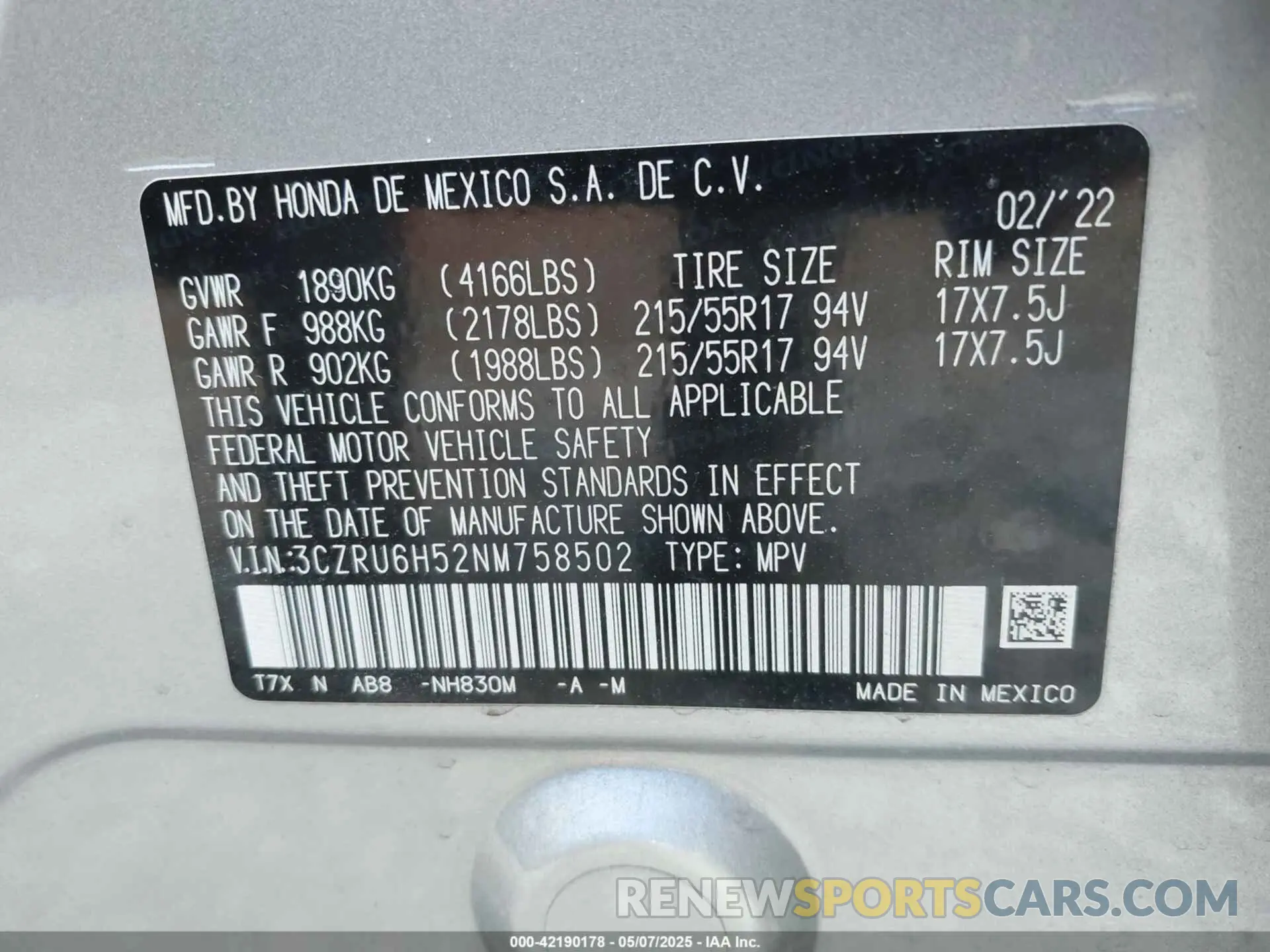 9 fotografías del automóvil dañado 3CZRU6H52NM758502 HONDA HR-V 2022