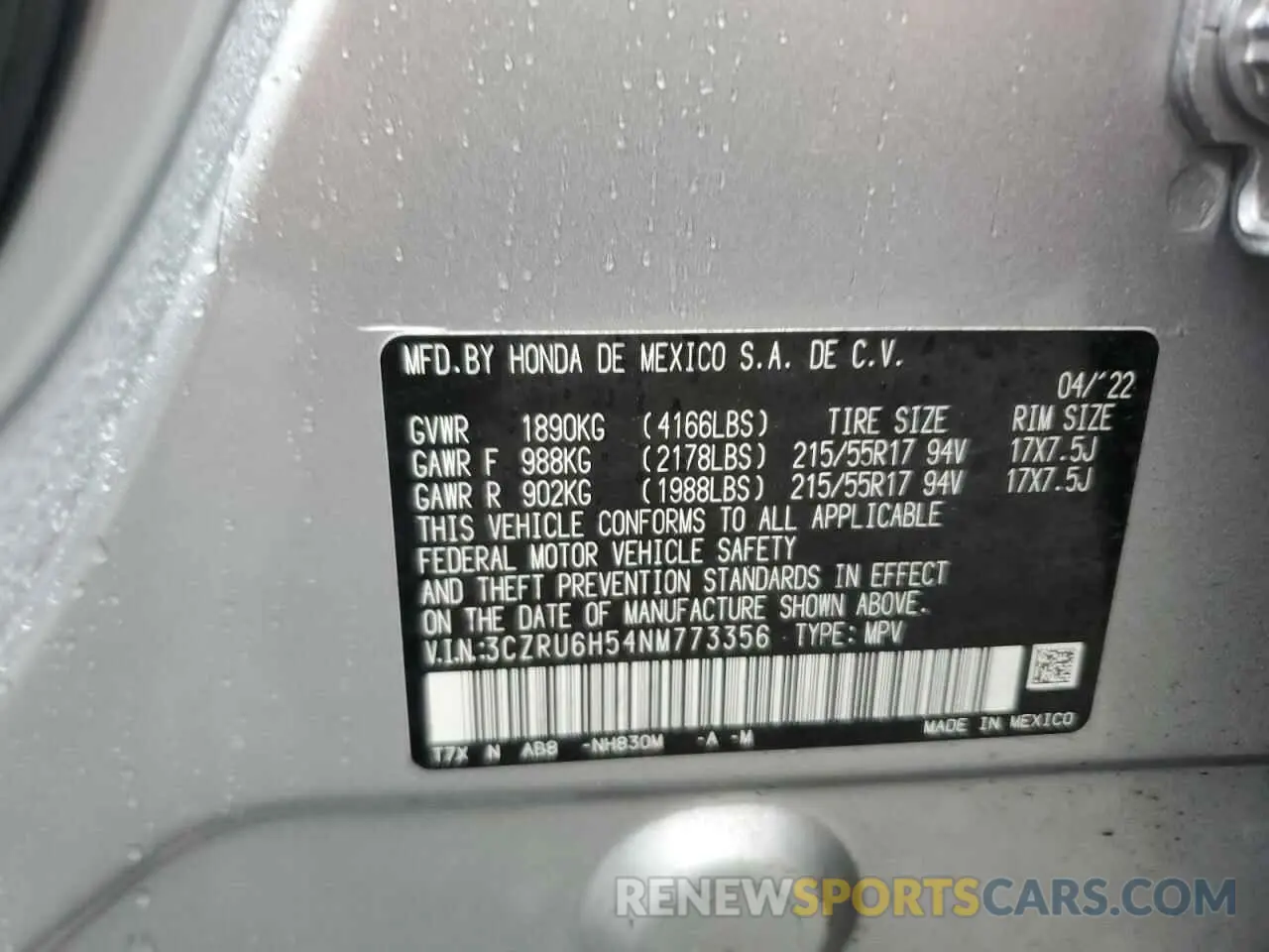 13 fotografías del automóvil dañado 3CZRU6H54NM773356 HONDA HR-V 2022