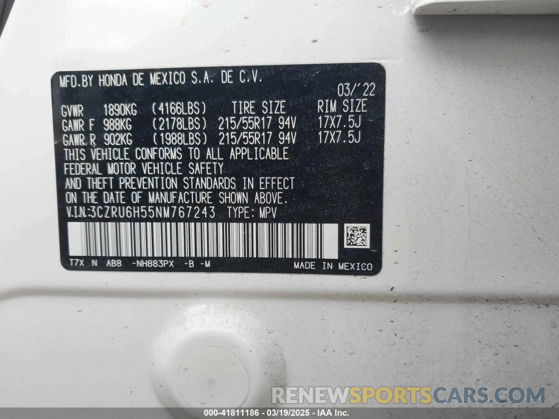 9 fotografías del automóvil dañado 3CZRU6H55NM767243 HONDA HR-V 2022
