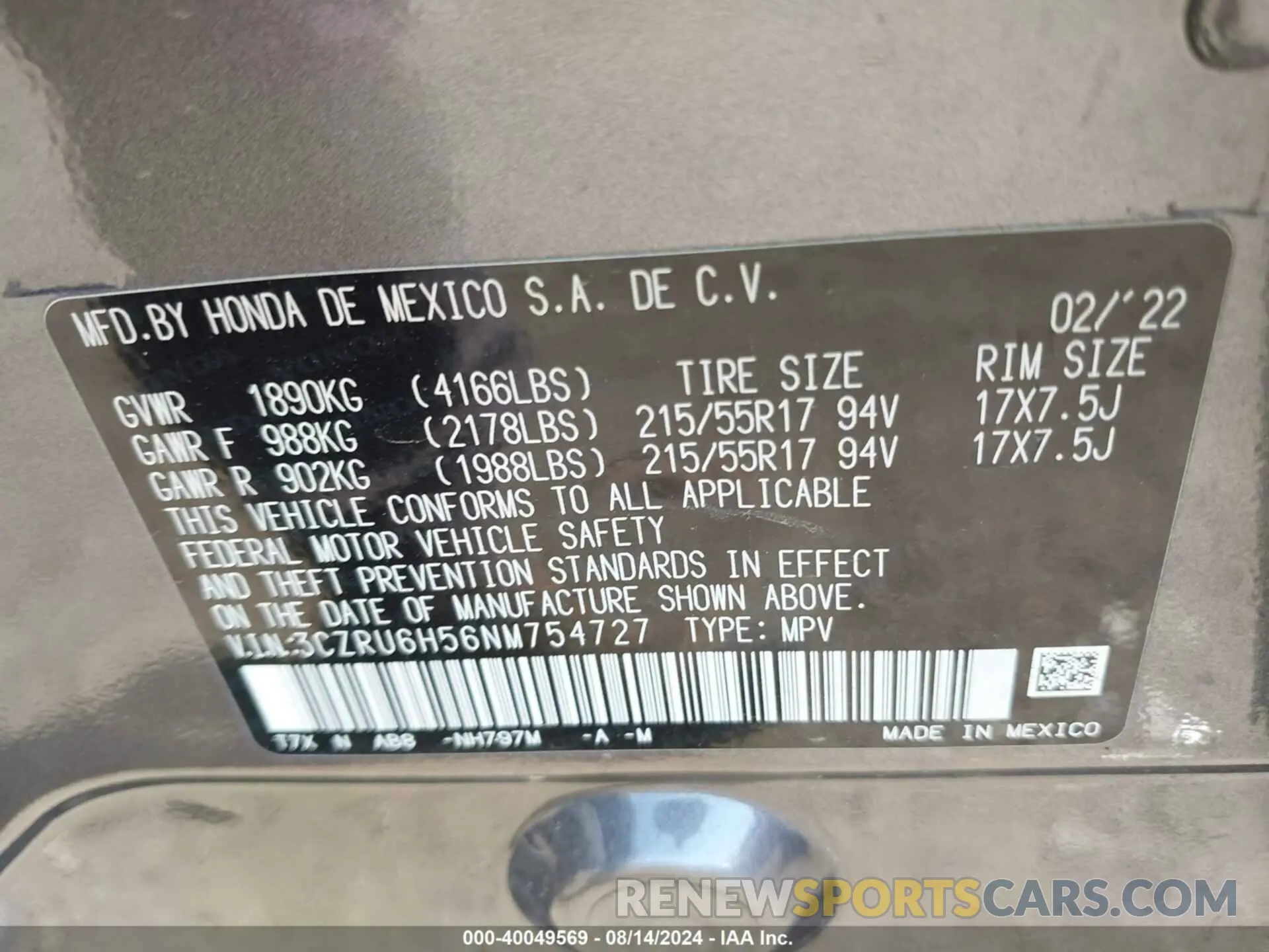 9 fotografías del automóvil dañado 3CZRU6H56NM754727 HONDA HR-V 2022