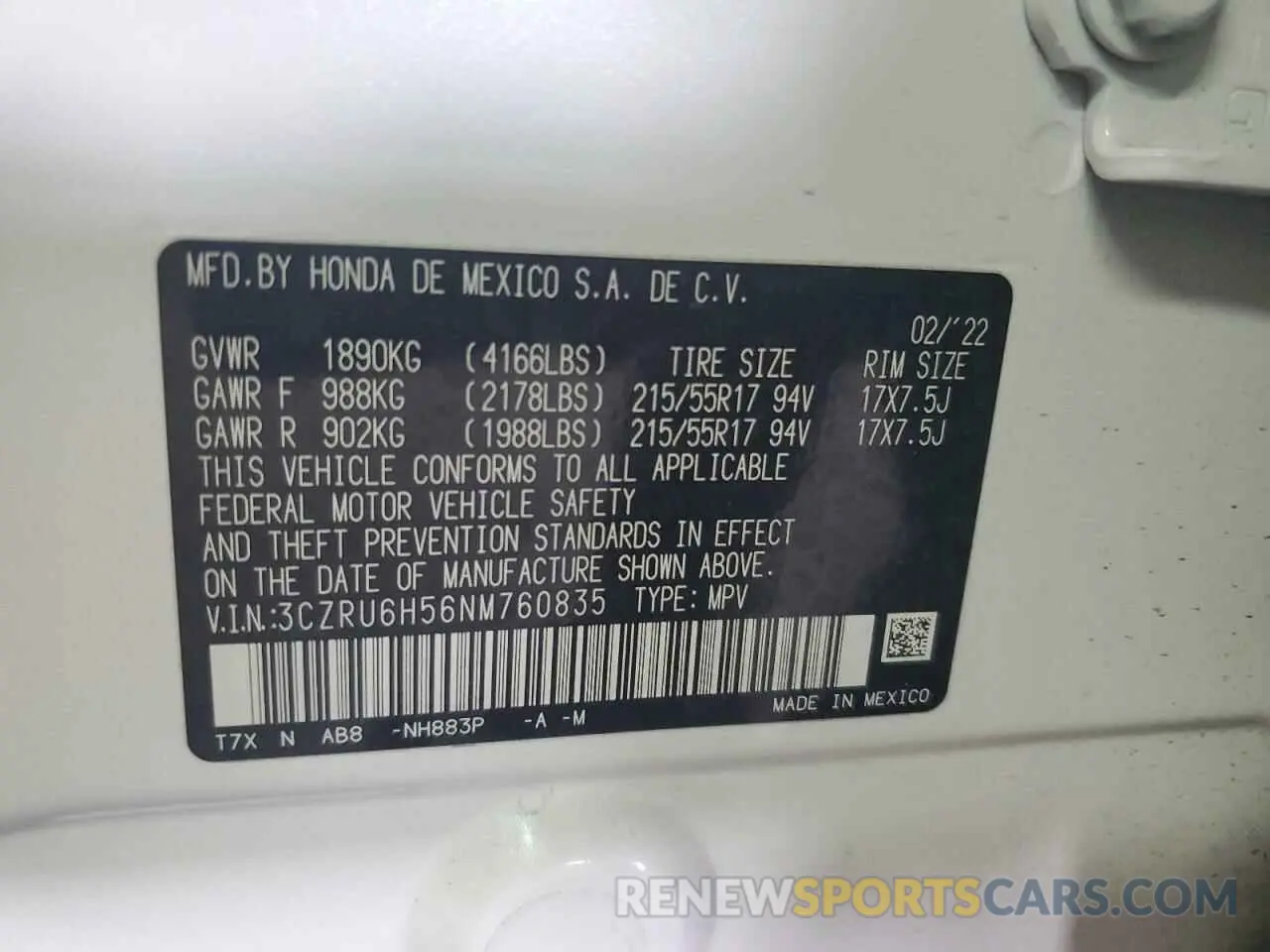 12 fotografías del automóvil dañado 3CZRU6H56NM760835 HONDA HR-V 2022