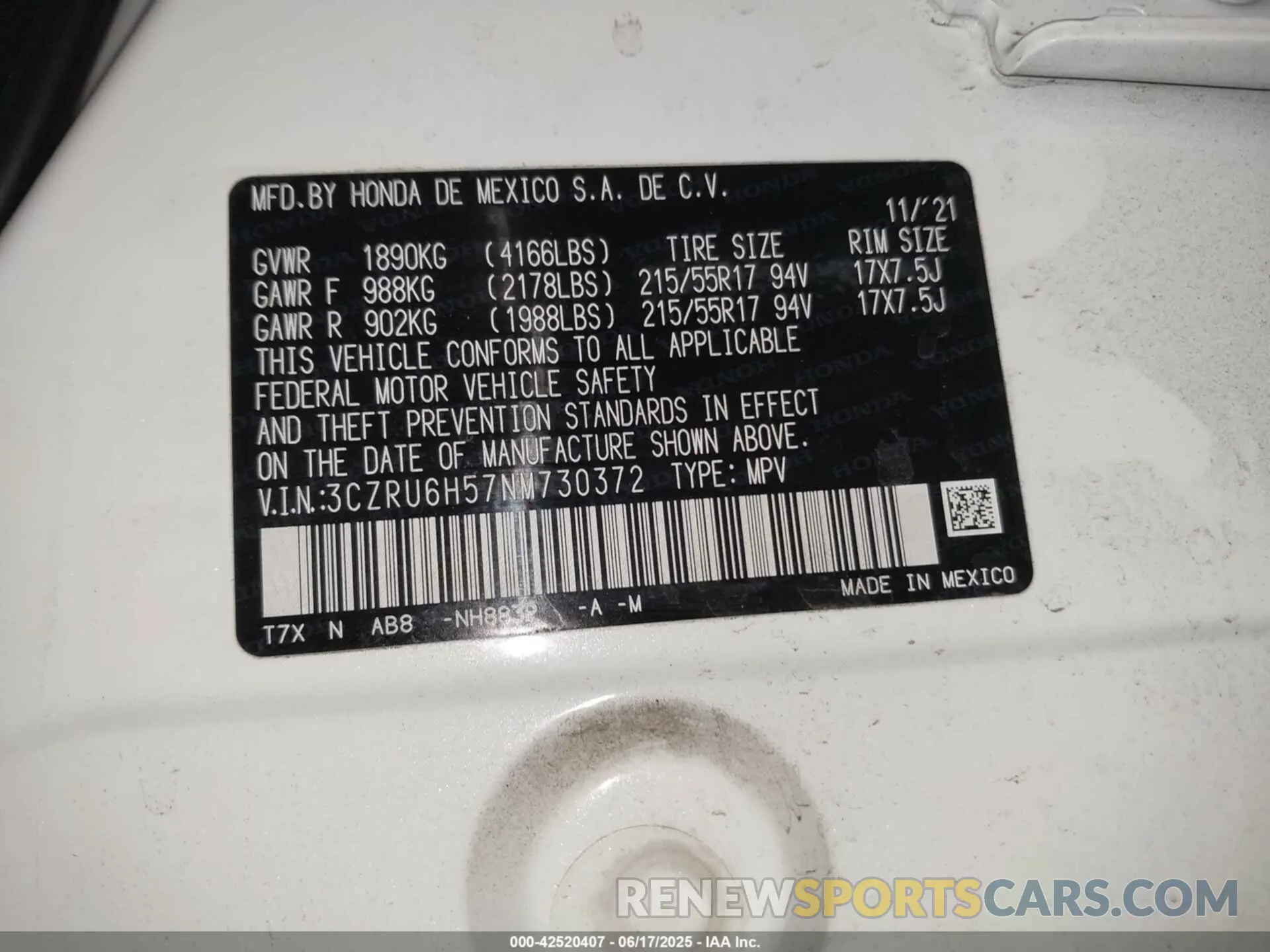 9 fotografías del automóvil dañado 3CZRU6H57NM730372 HONDA HR-V 2022