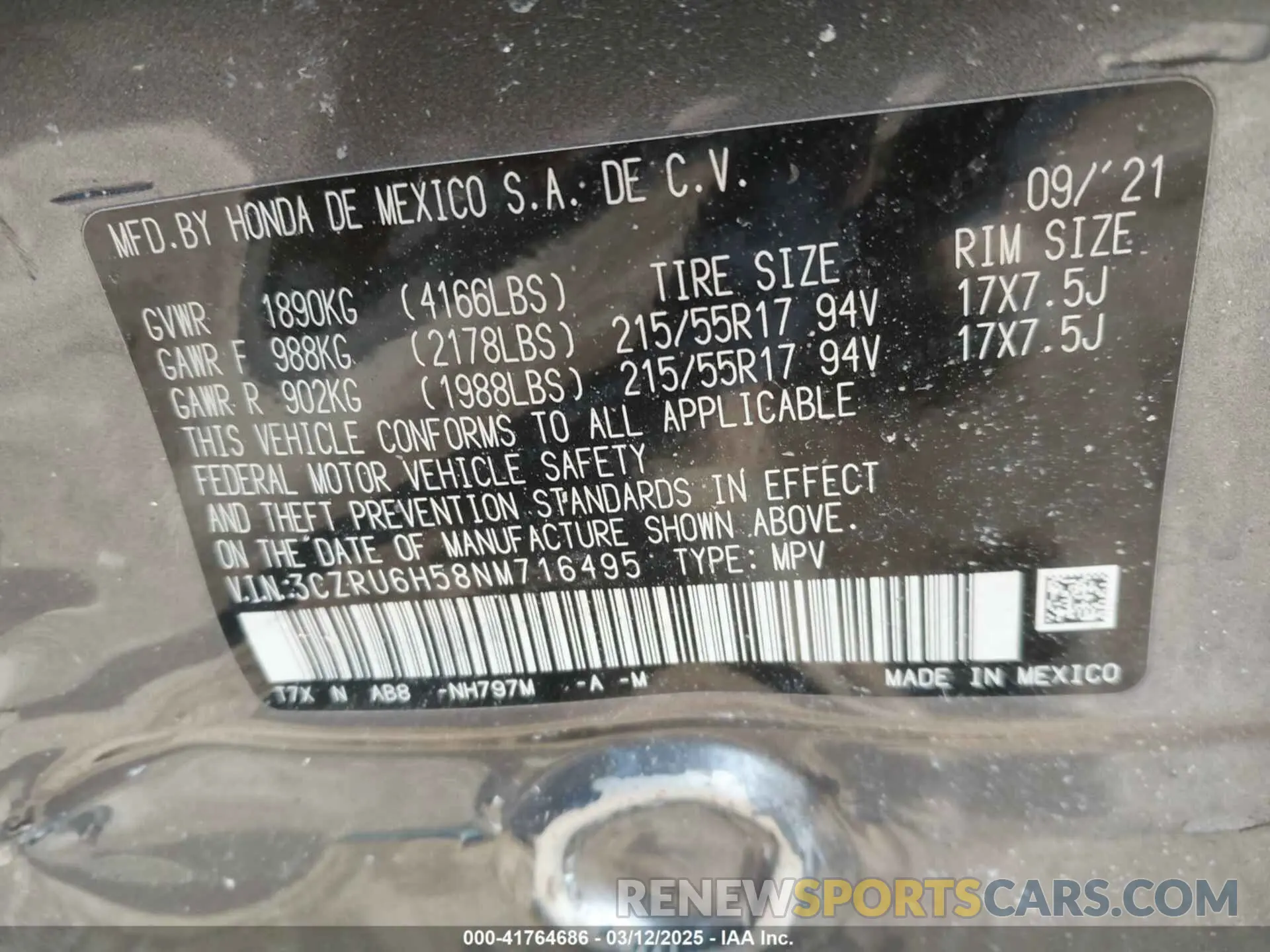 9 fotografías del automóvil dañado 3CZRU6H58NM716495 HONDA HR-V 2022