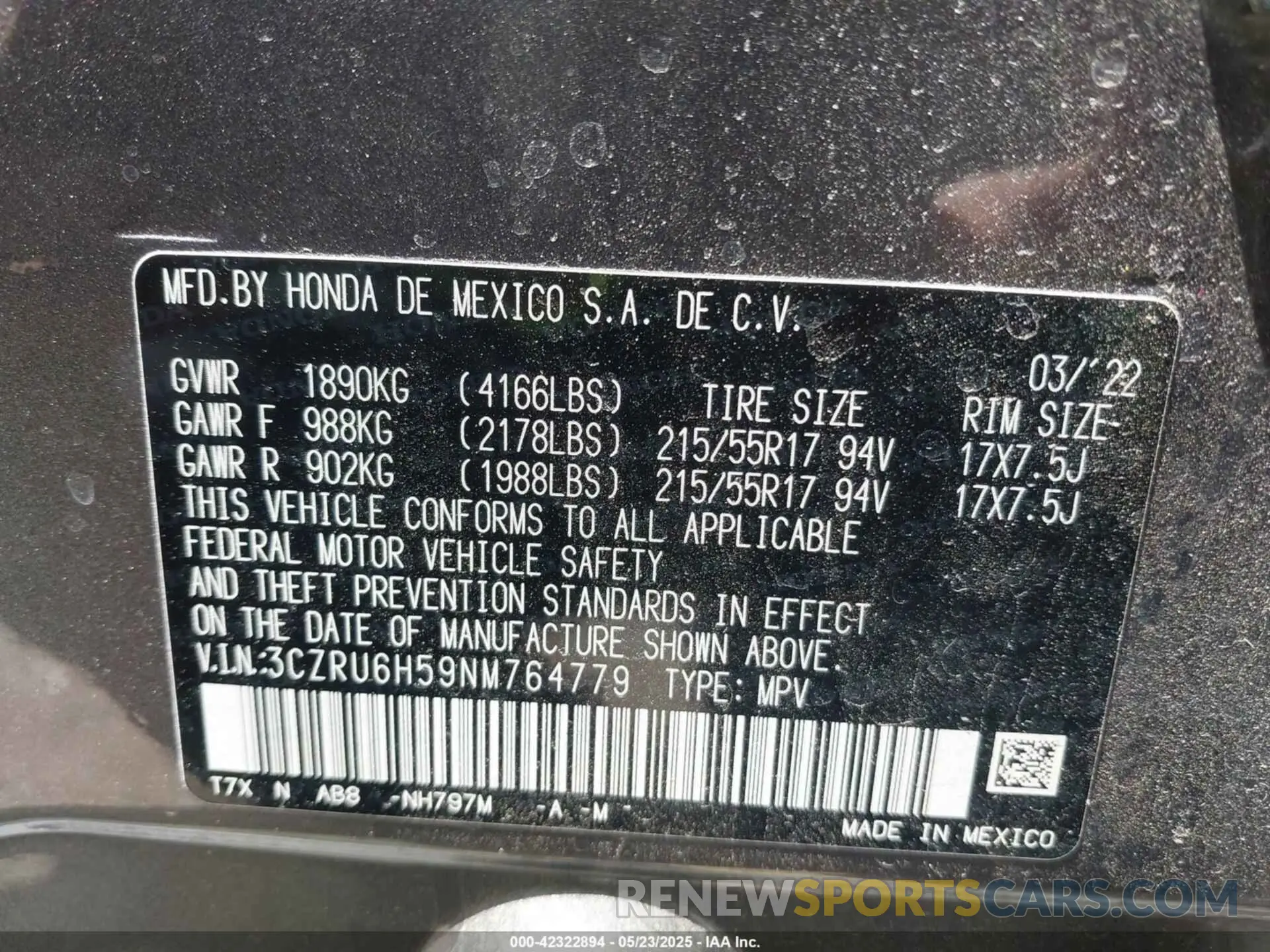 9 fotografías del automóvil dañado 3CZRU6H59NM764779 HONDA HR-V 2022