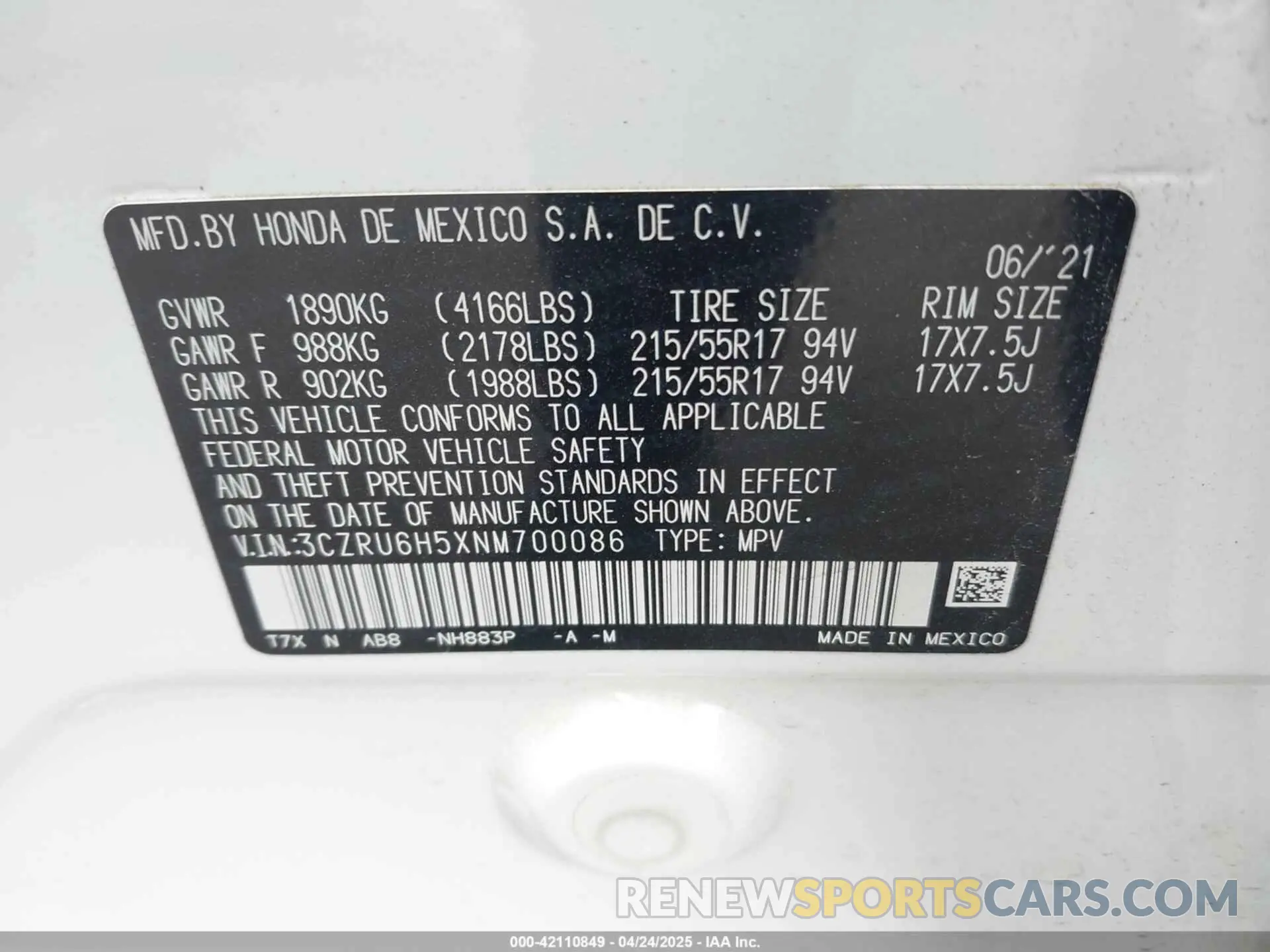 9 fotografías del automóvil dañado 3CZRU6H5XNM700086 HONDA HR-V 2022