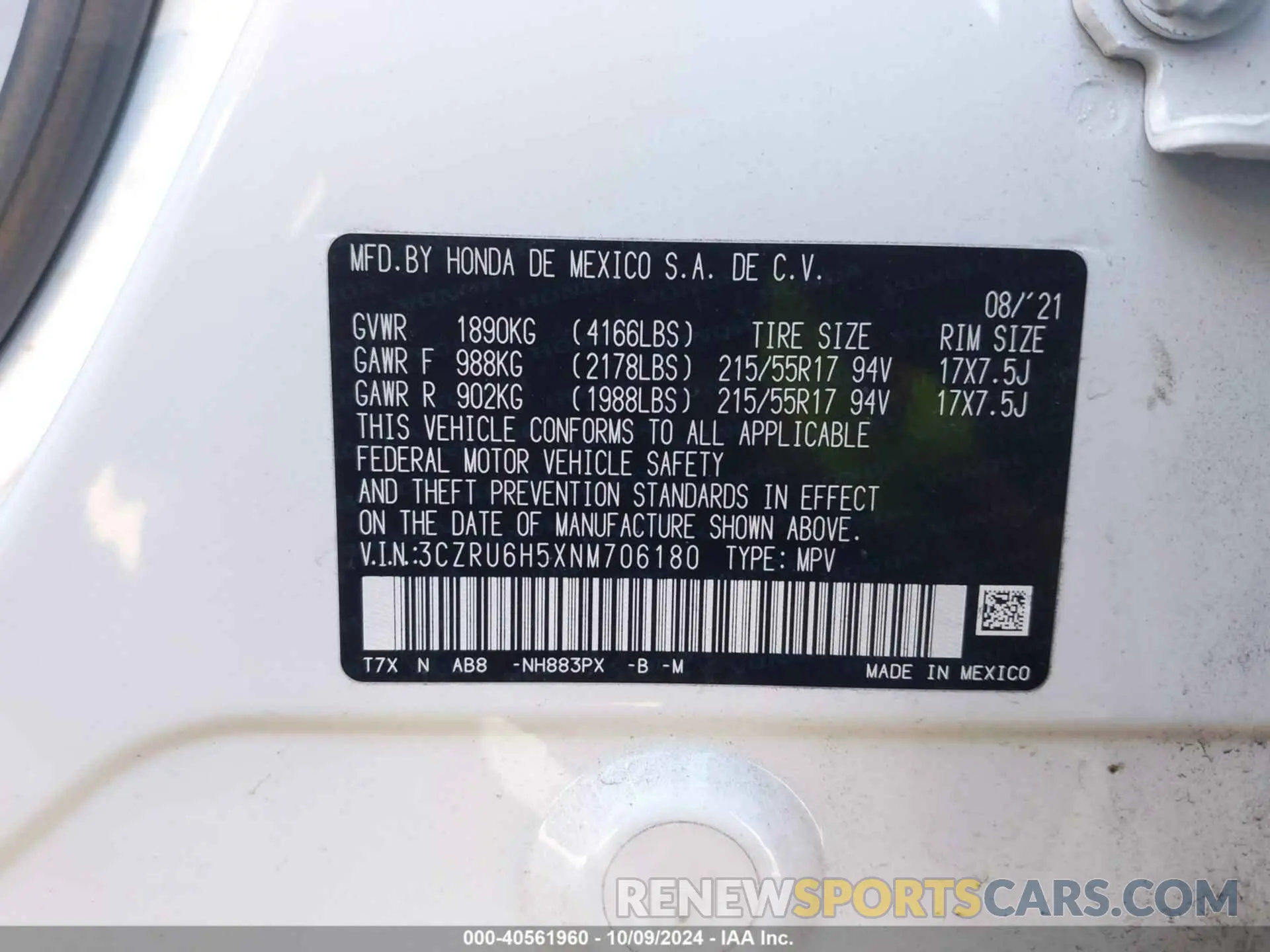 9 fotografías del automóvil dañado 3CZRU6H5XNM706180 HONDA HR-V 2022