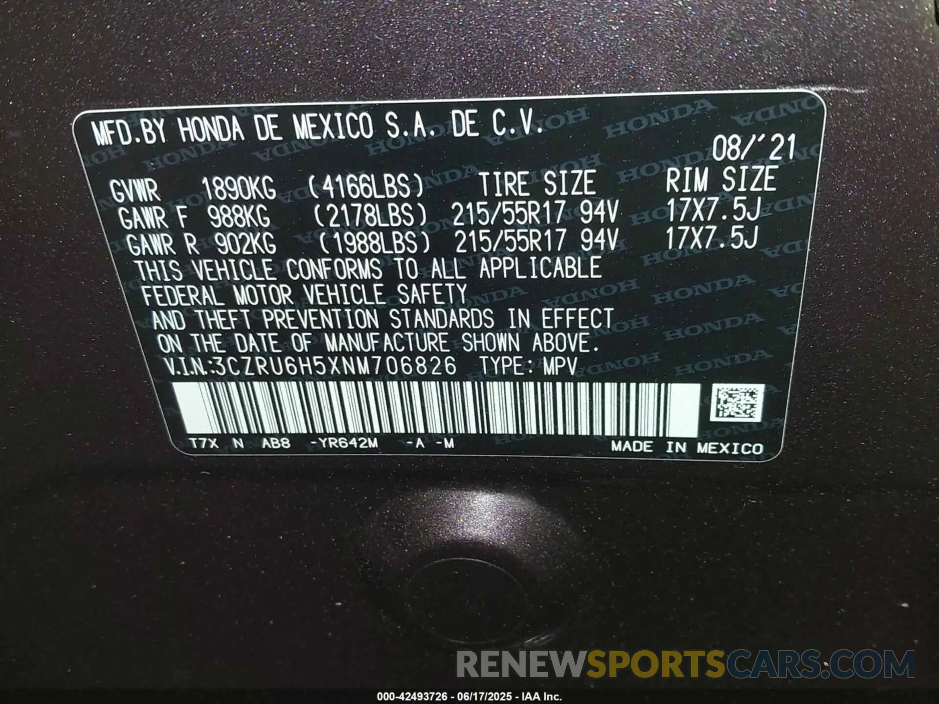 9 fotografías del automóvil dañado 3CZRU6H5XNM706826 HONDA HR-V 2022