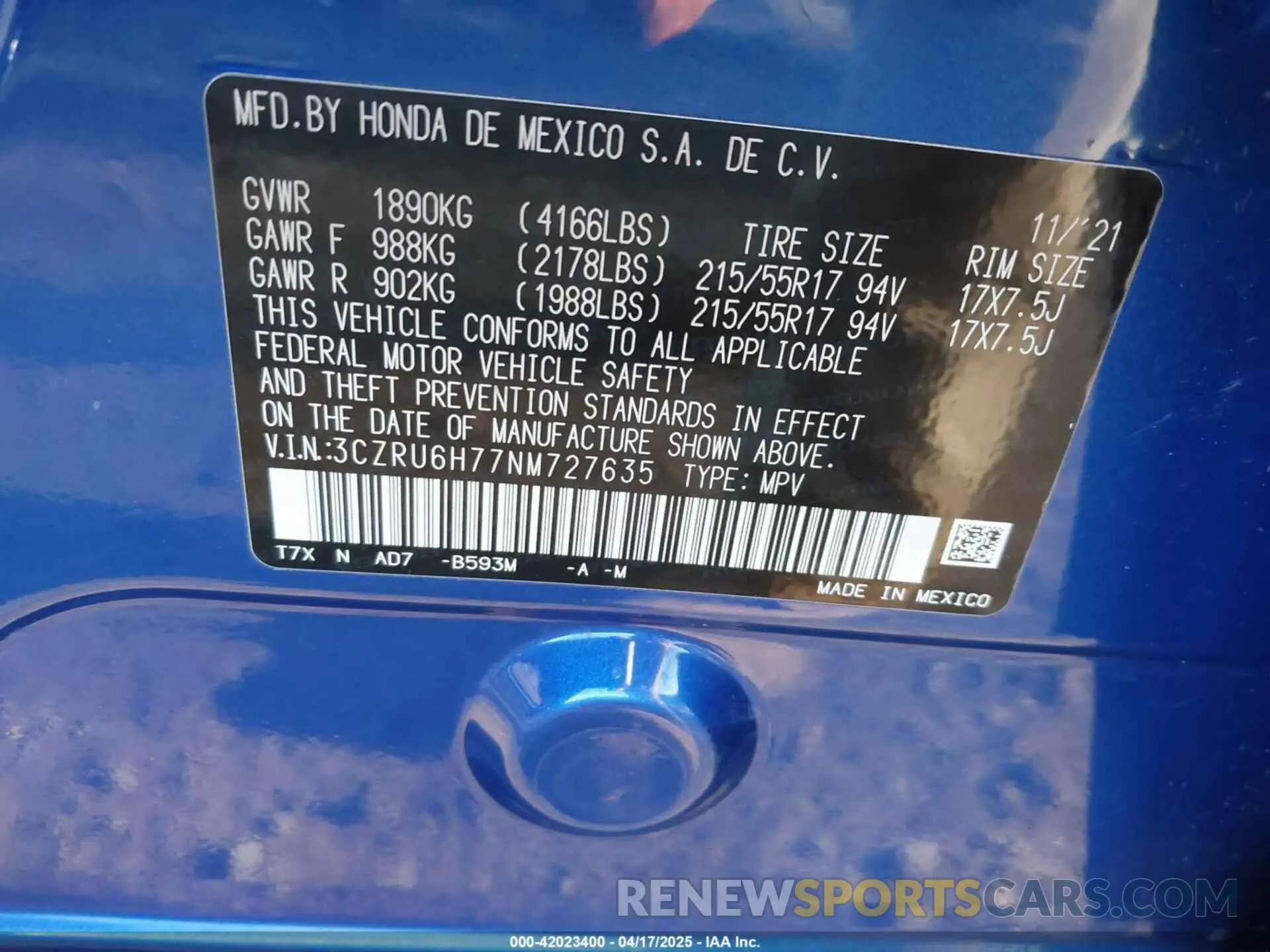 9 fotografías del automóvil dañado 3CZRU6H77NM727635 HONDA HR-V 2022