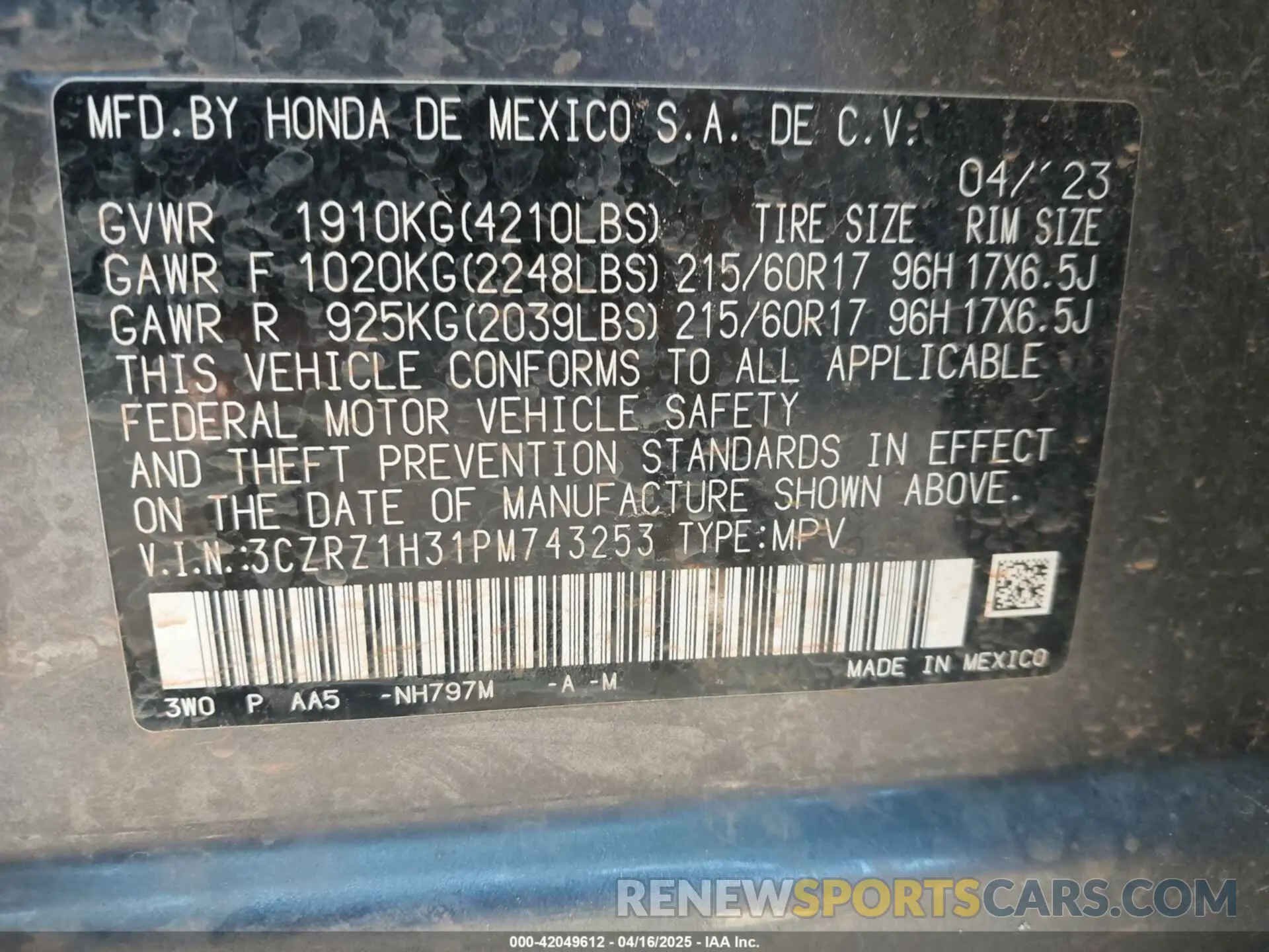 9 fotografías del automóvil dañado 3CZRZ1H31PM743253 HONDA HR-V 2023