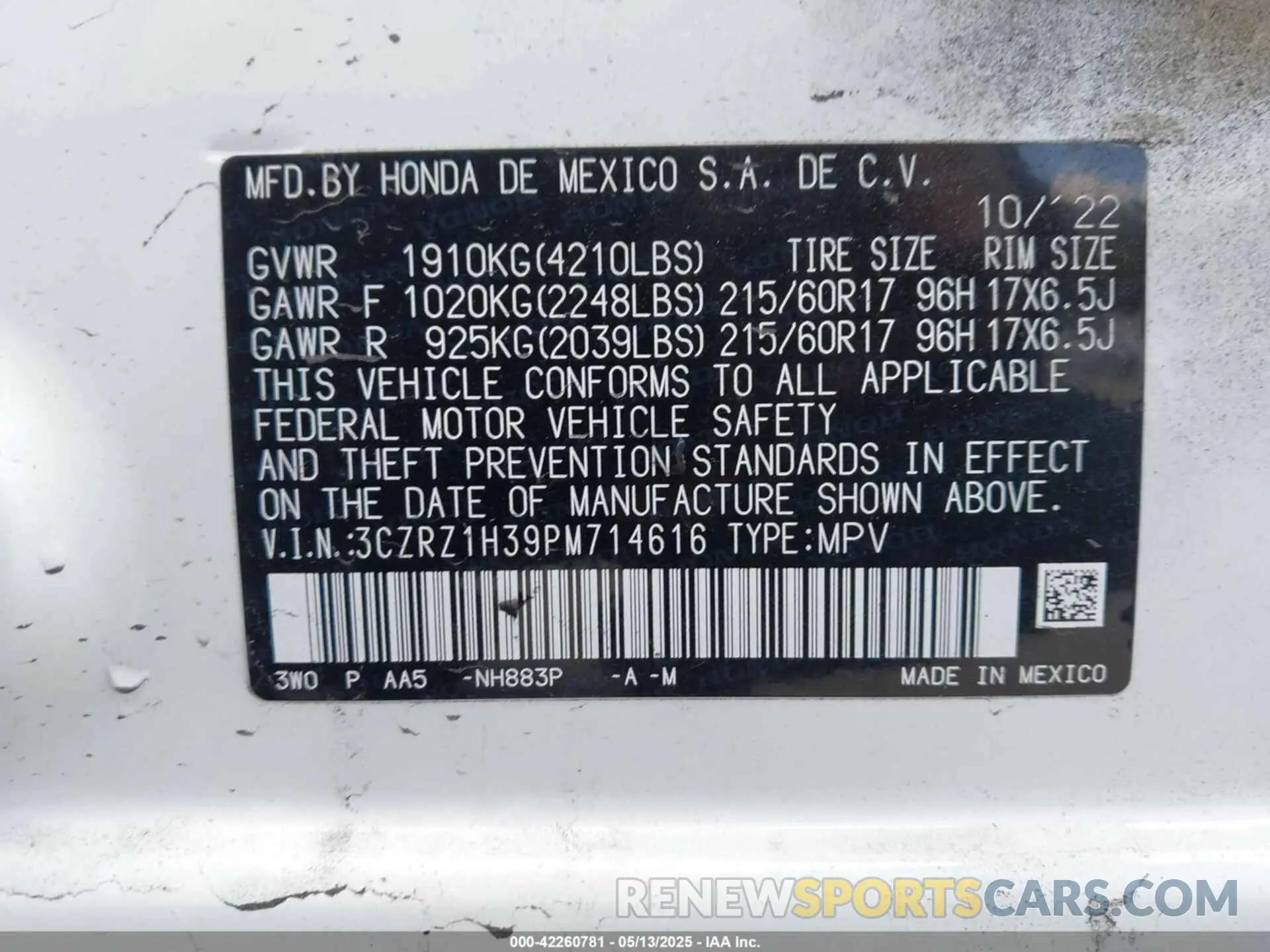 9 fotografías del automóvil dañado 3CZRZ1H39PM714616 HONDA HR-V 2023