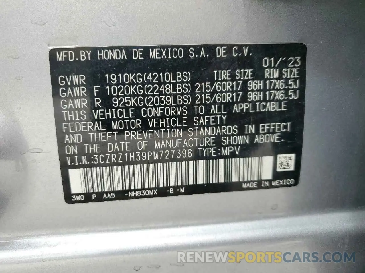15 fotografías del automóvil dañado 3CZRZ1H39PM727396 HONDA HR-V 2023