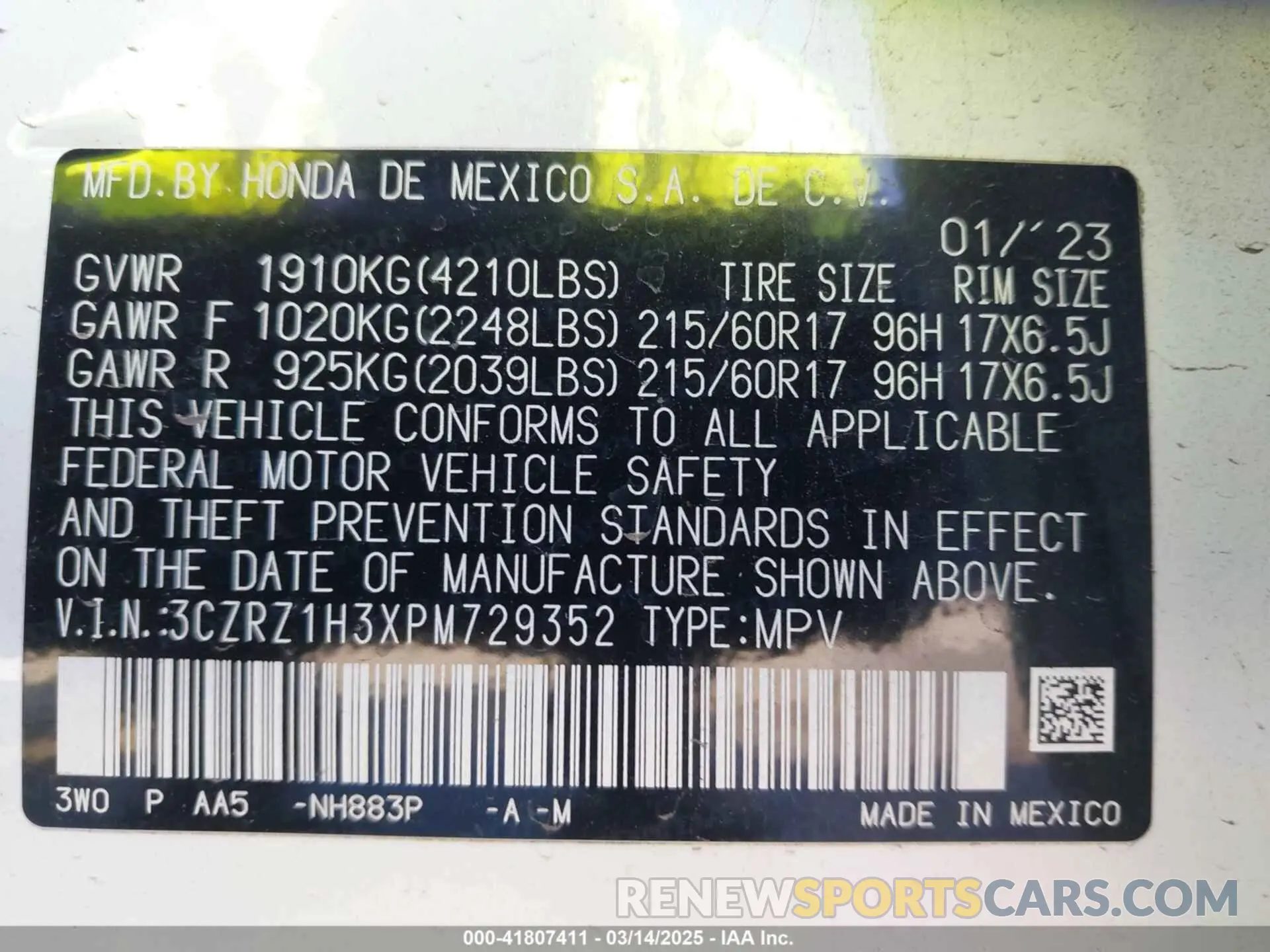 9 fotografías del automóvil dañado 3CZRZ1H3XPM729352 HONDA HR-V 2023