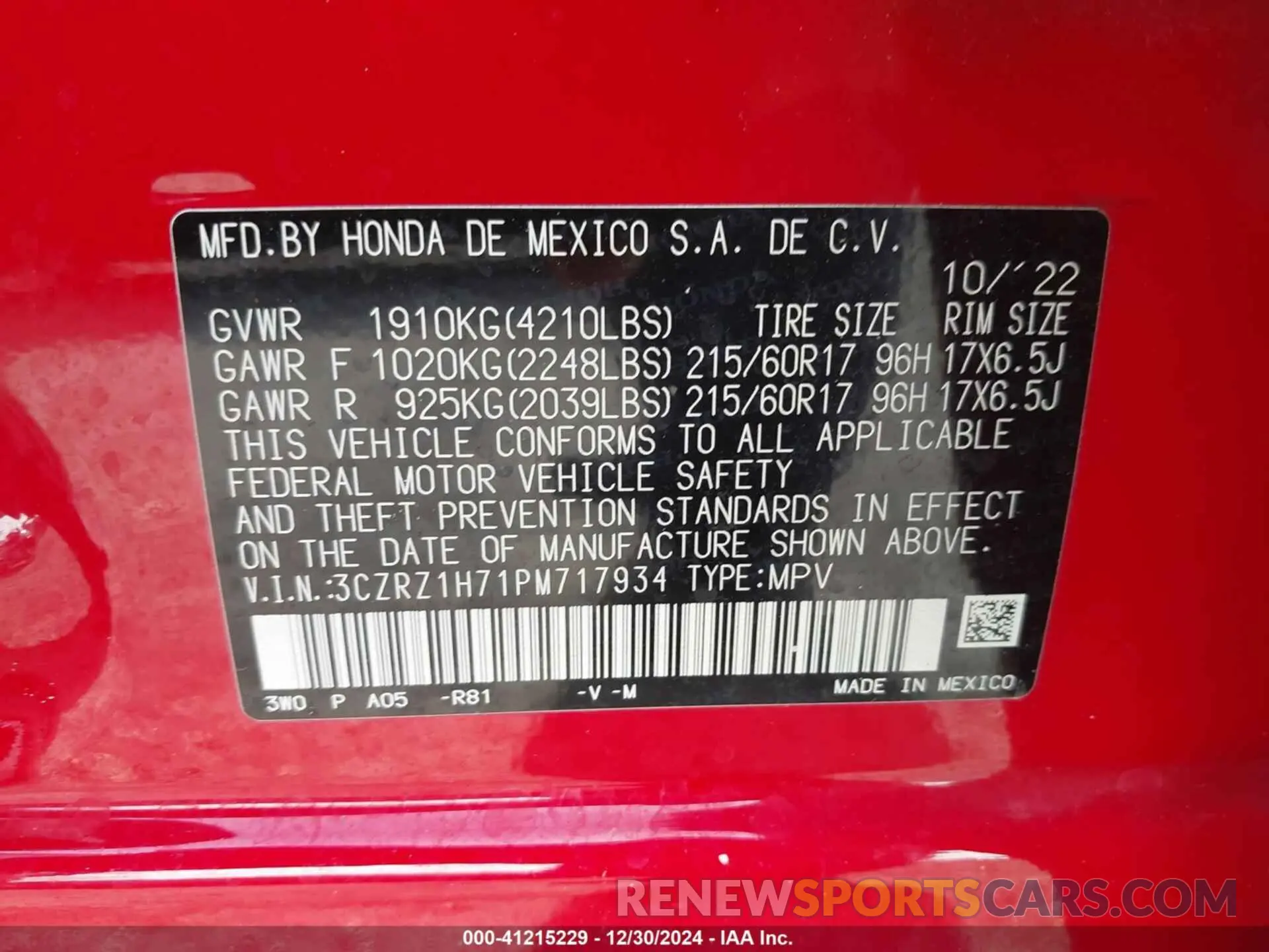 9 fotografías del automóvil dañado 3CZRZ1H71PM717934 HONDA HR-V 2023