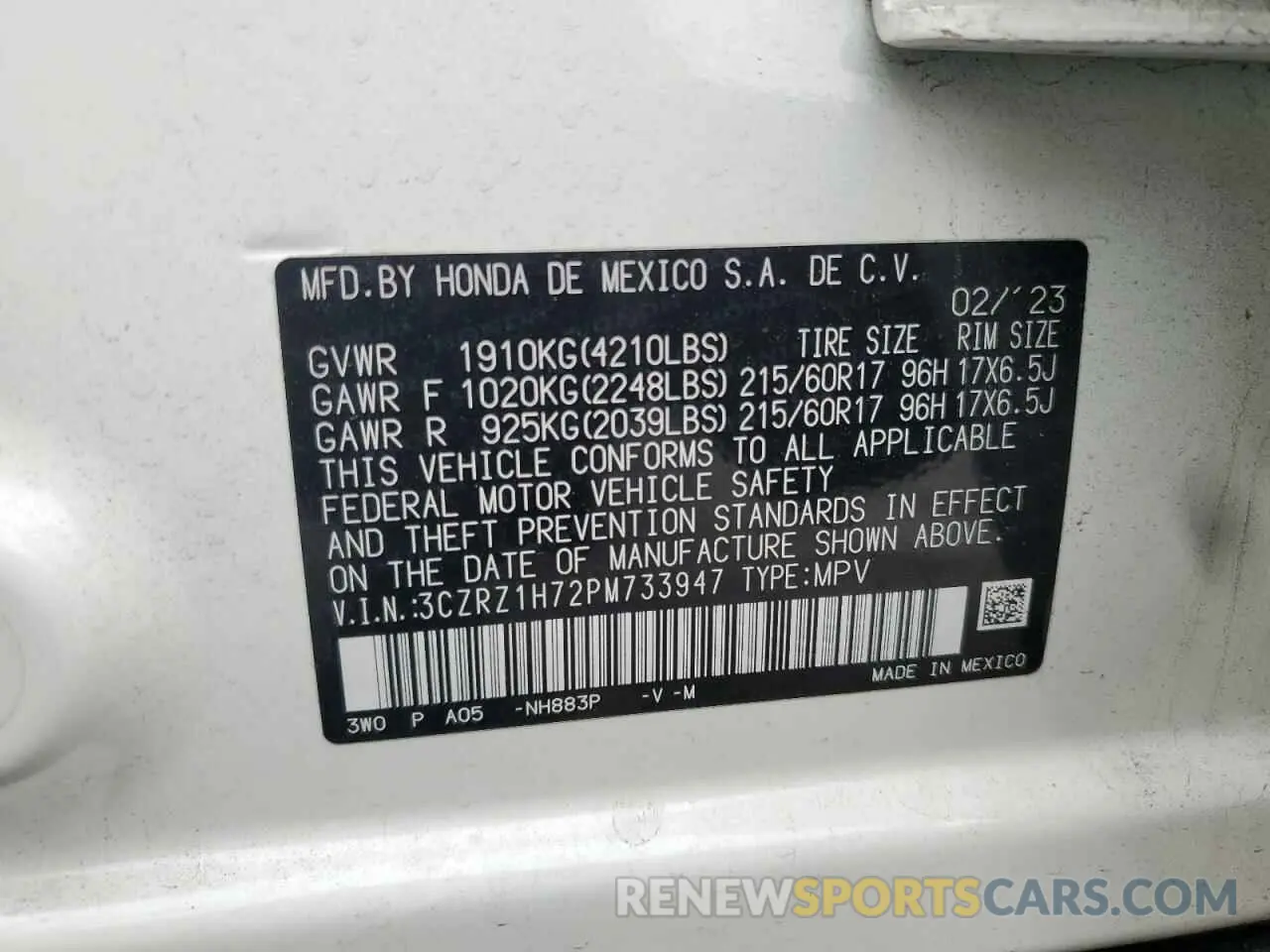 14 fotografías del automóvil dañado 3CZRZ1H72PM733947 HONDA HR-V 2023