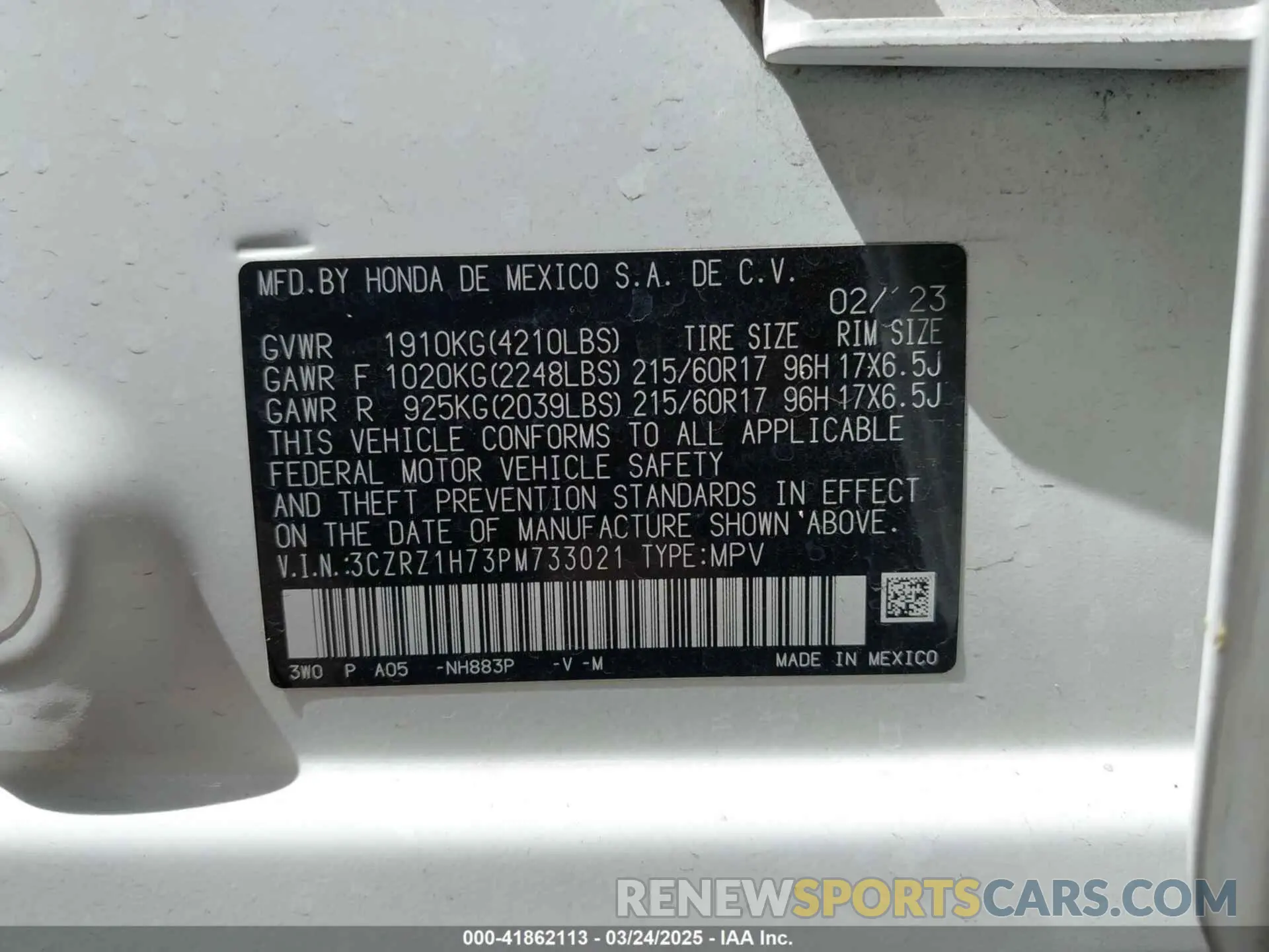 9 fotografías del automóvil dañado 3CZRZ1H73PM733021 HONDA HR-V 2023
