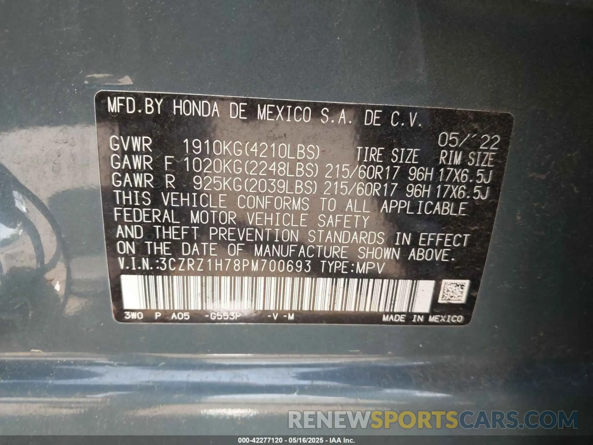 9 fotografías del automóvil dañado 3CZRZ1H78PM700693 HONDA HR-V 2023