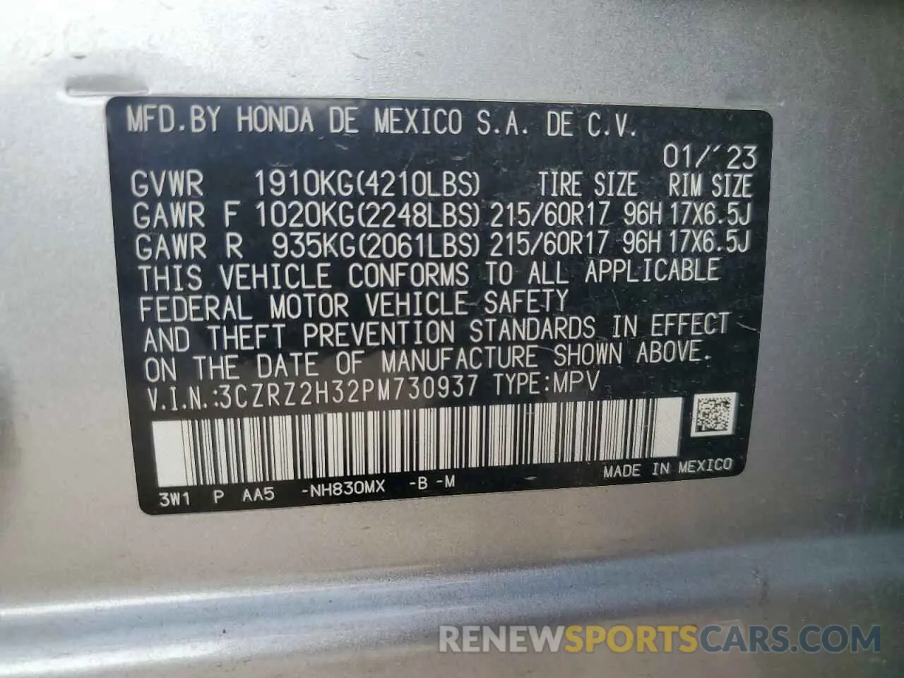 13 fotografías del automóvil dañado 3CZRZ2H32PM730937 HONDA HR-V 2023