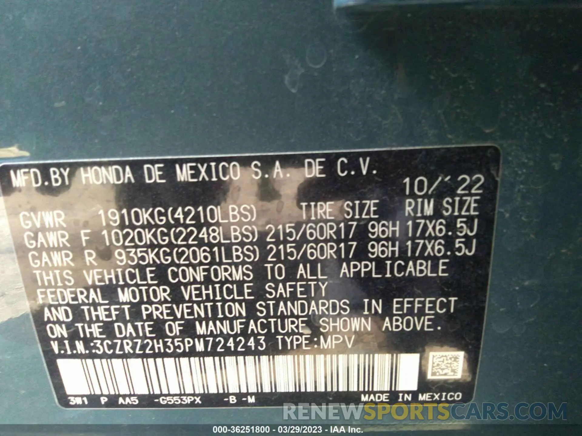 9 fotografías del automóvil dañado 3CZRZ2H35PM724243 HONDA HR-V 2023