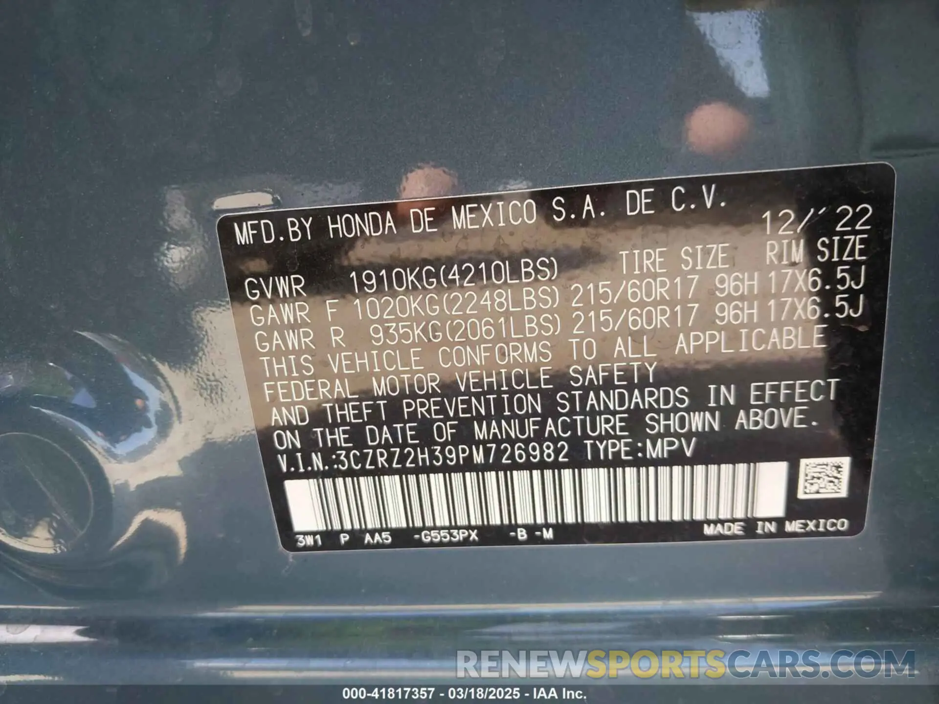 9 fotografías del automóvil dañado 3CZRZ2H39PM726982 HONDA HR-V 2023