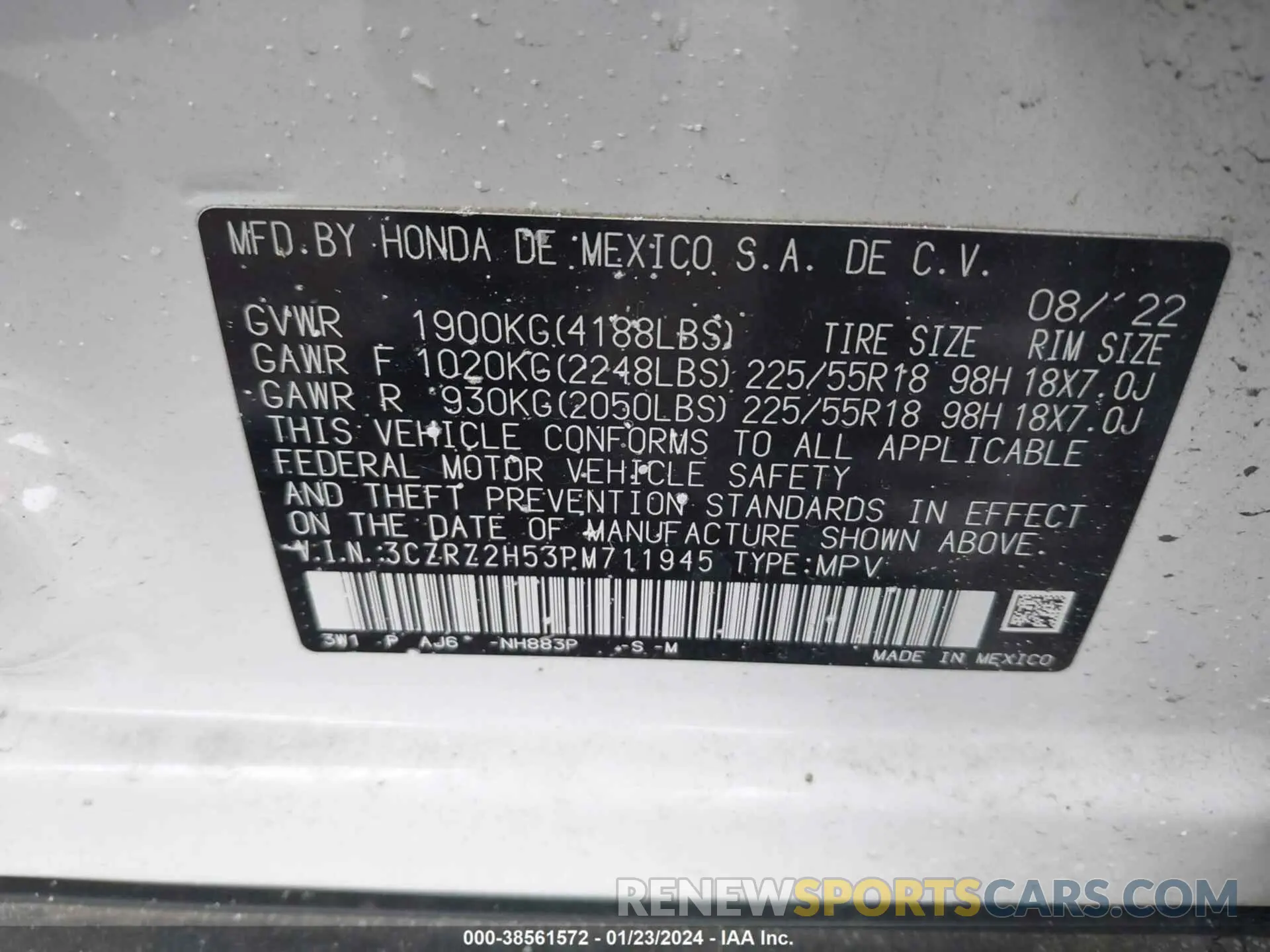 9 fotografías del automóvil dañado 3CZRZ2H53PM711945 HONDA HR-V 2023