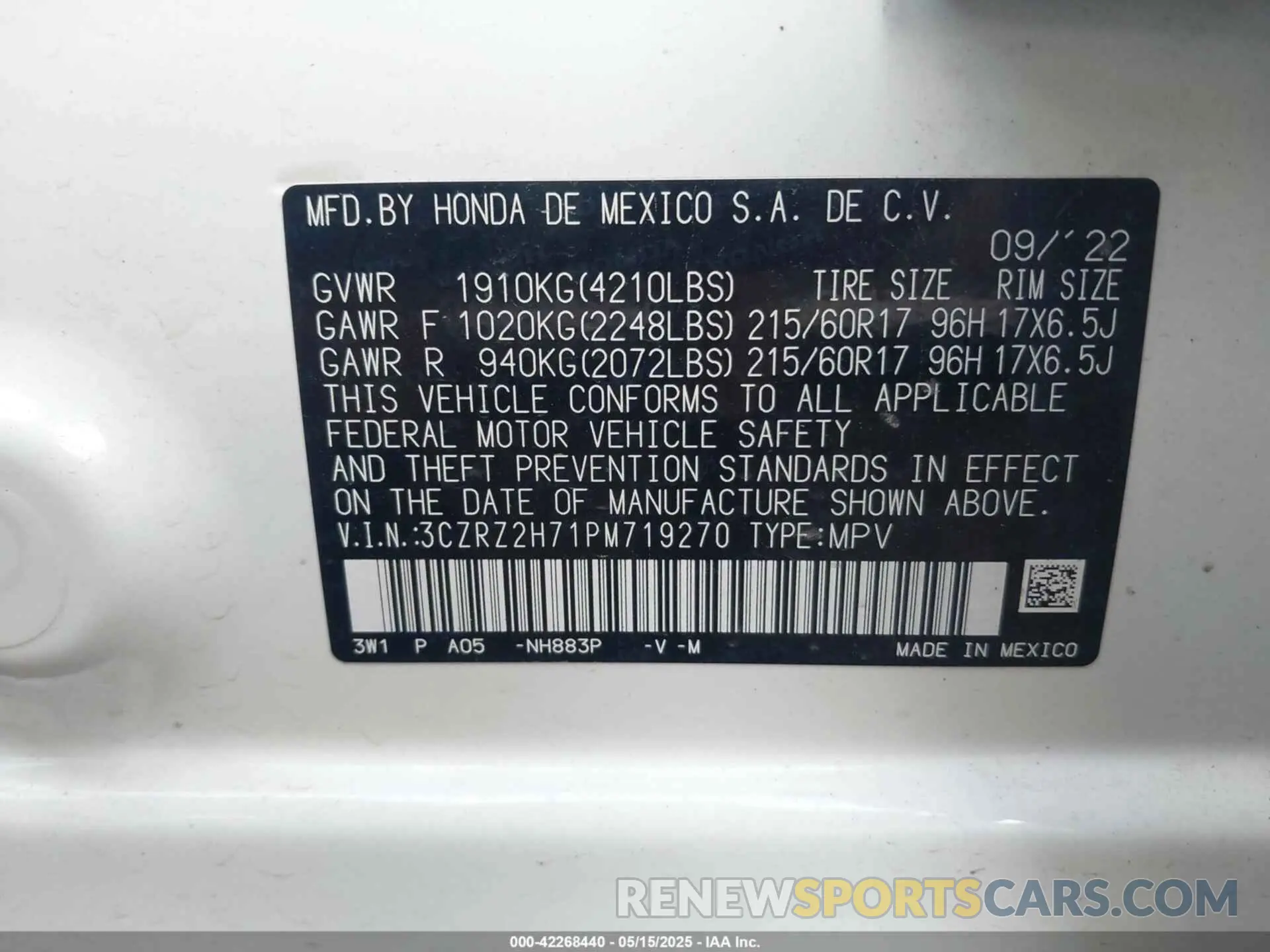 9 fotografías del automóvil dañado 3CZRZ2H71PM719270 HONDA HR-V 2023