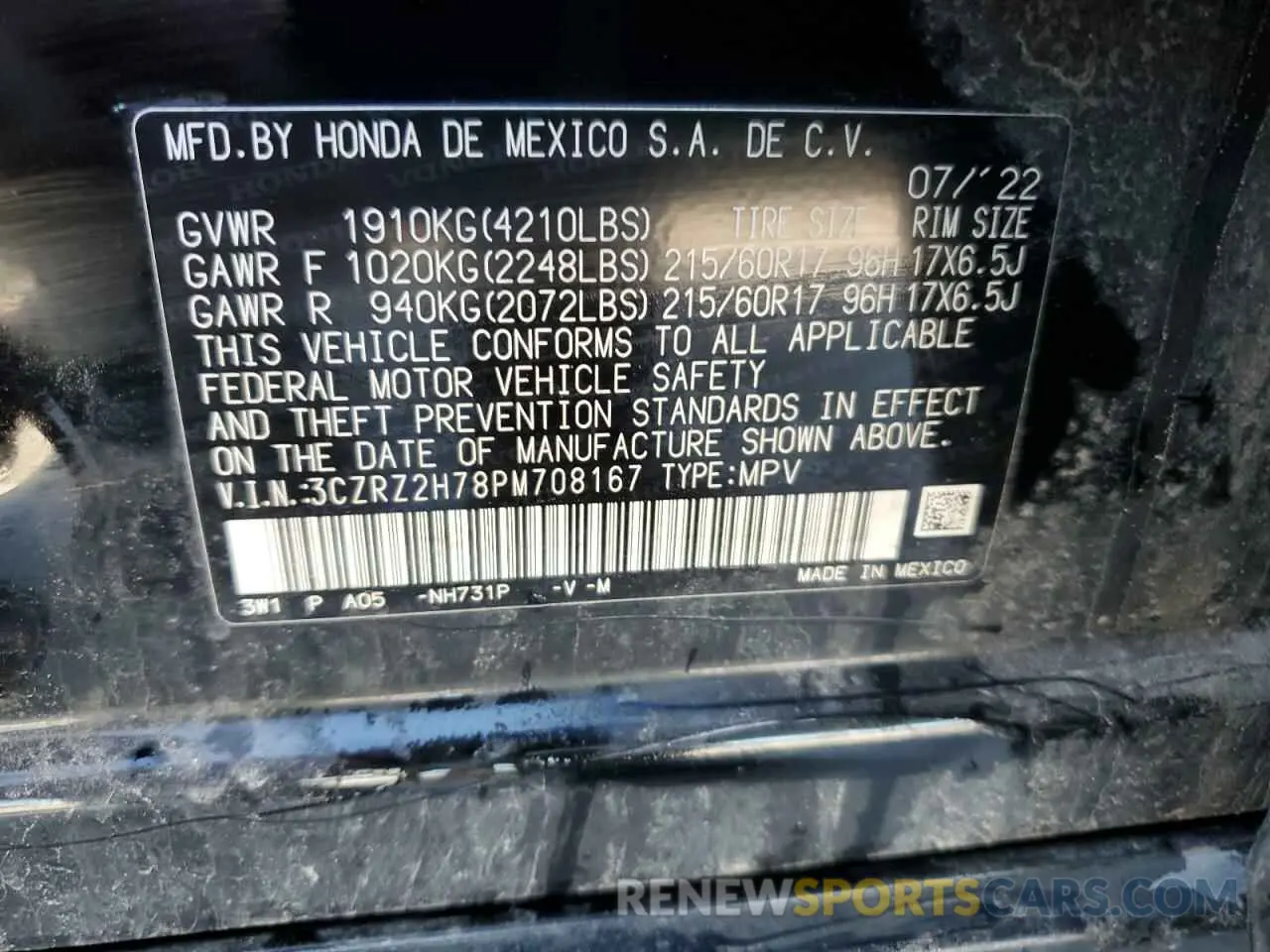 13 fotografías del automóvil dañado 3CZRZ2H78PM708167 HONDA HR-V 2023