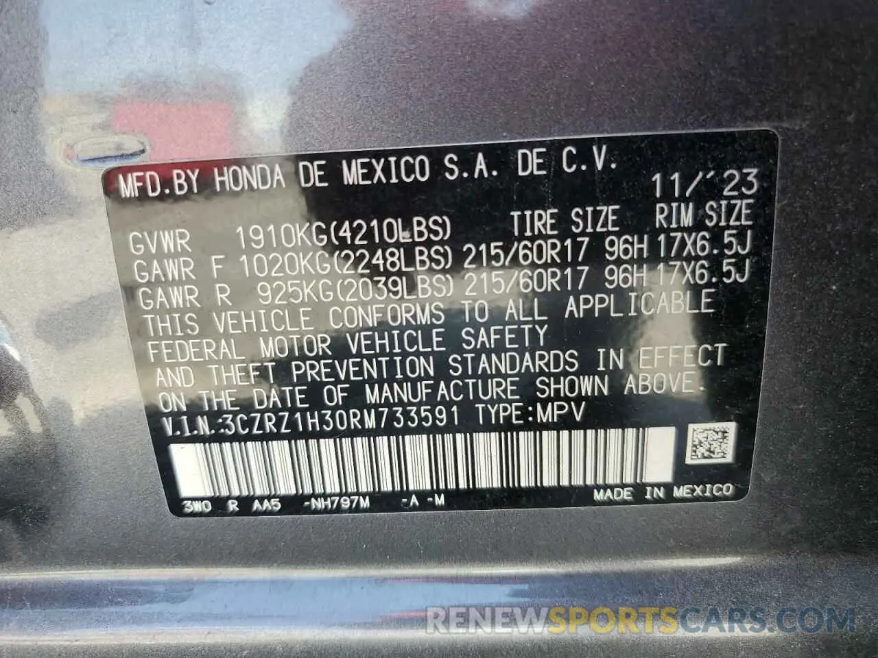 13 fotografías del automóvil dañado 3CZRZ1H30RM733591 HONDA HR-V 2024